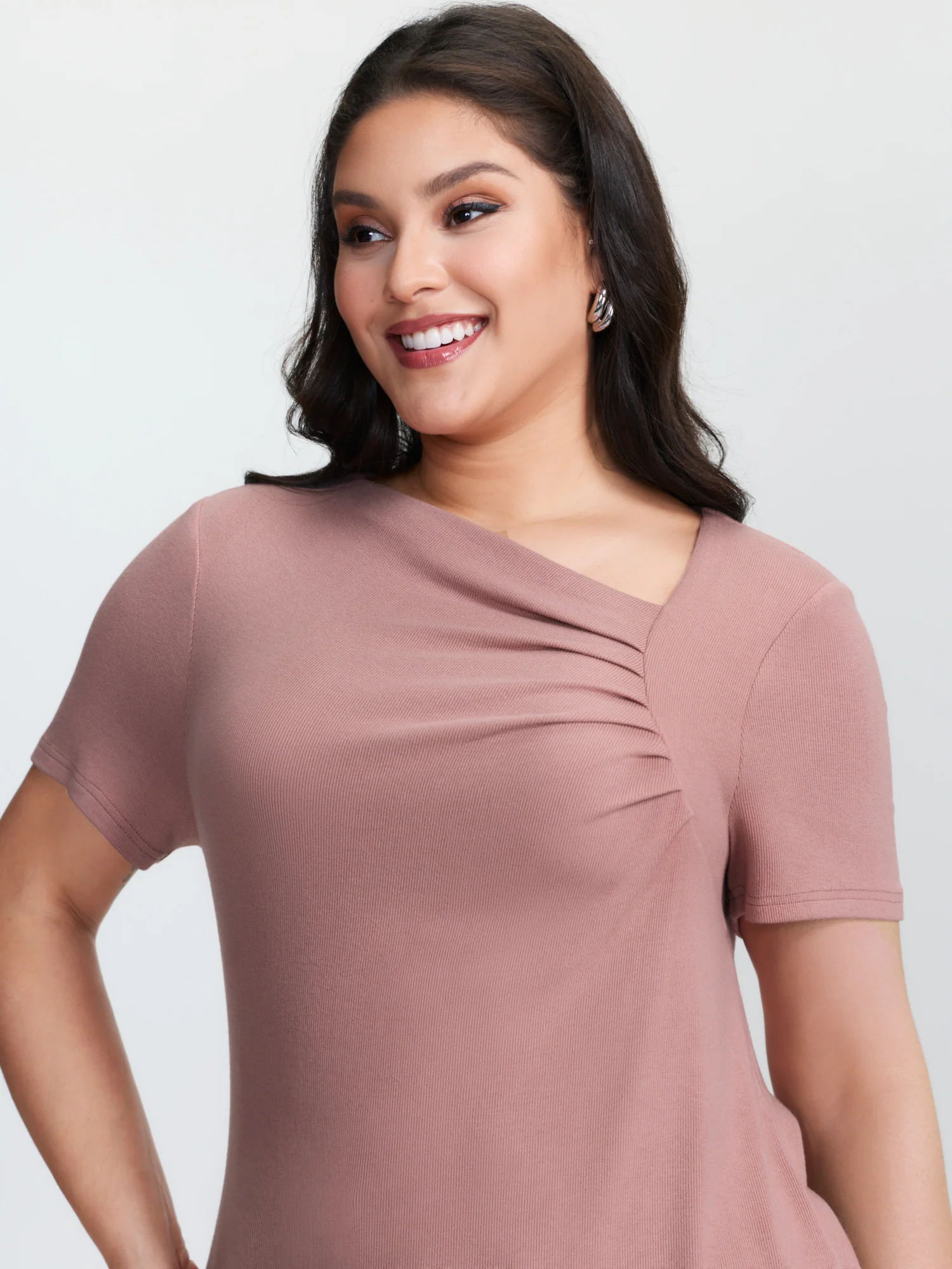 Stretchy Gathered Side Neckline Knit Top - Image 2