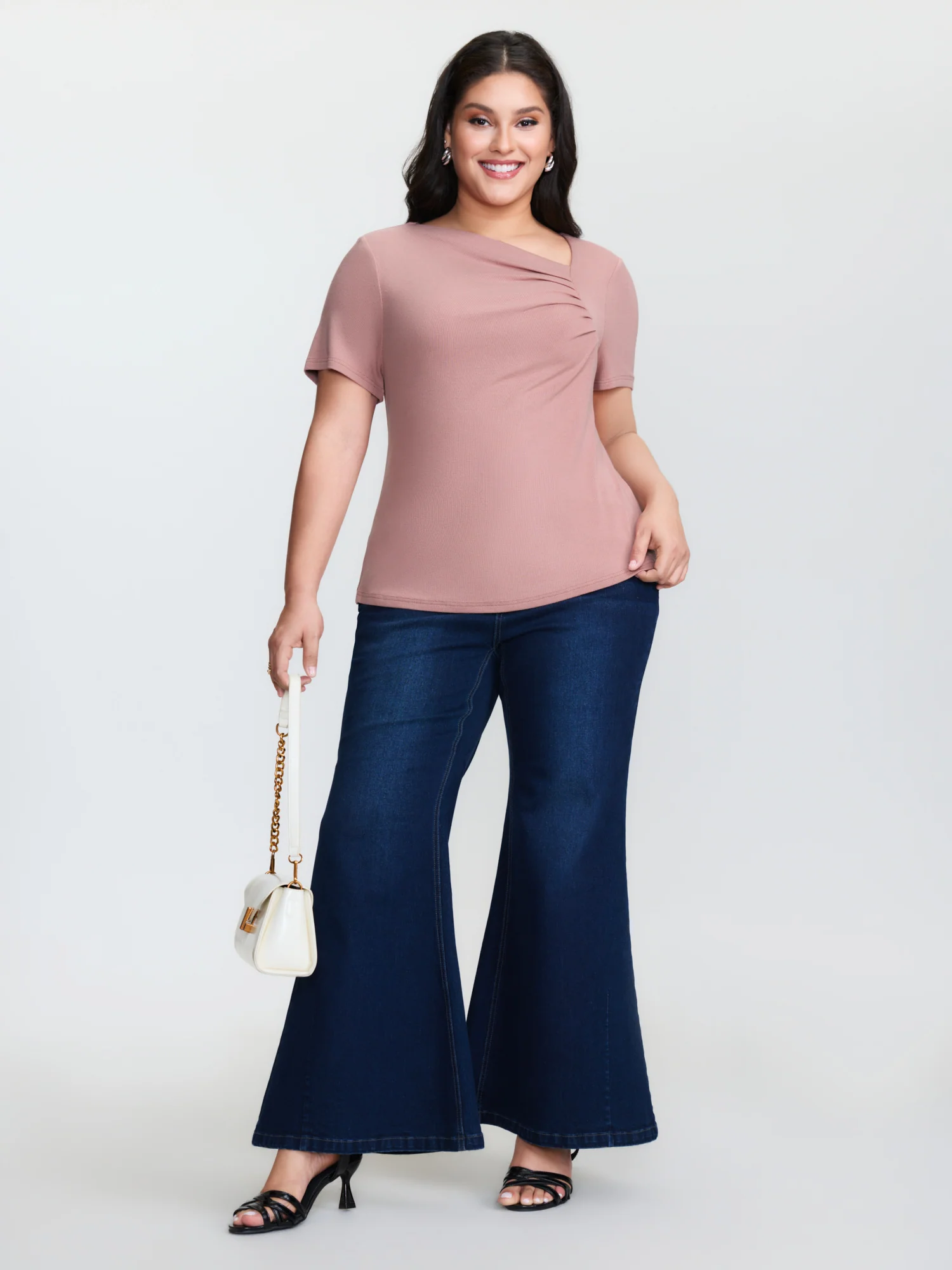 Stretchy Gathered Side Neckline Knit Top - Image 3