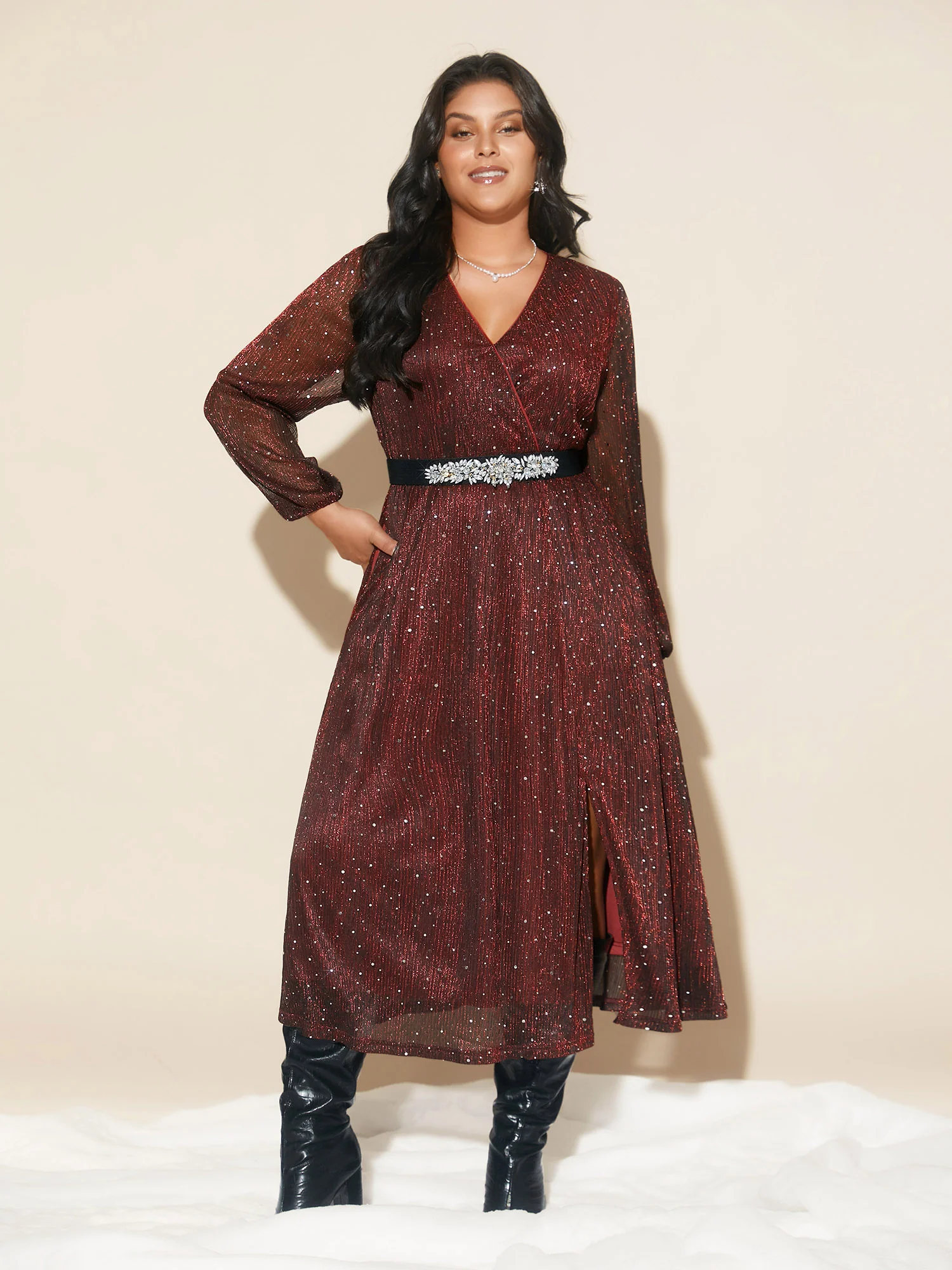 Stretchy Gold Foil Surplice Neckline Midi Dress - Image 3