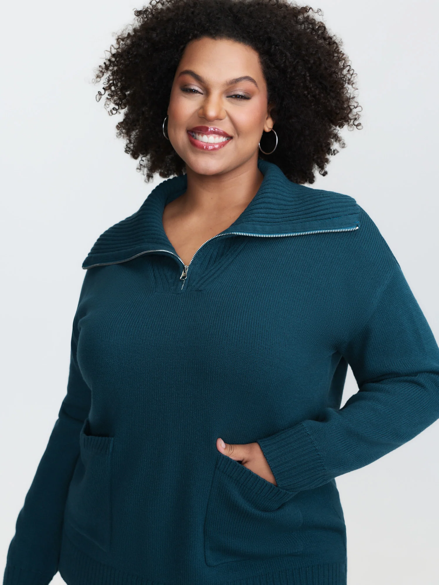 Stretchy Half-Zipper Pockets Collared Pullover - Image 2