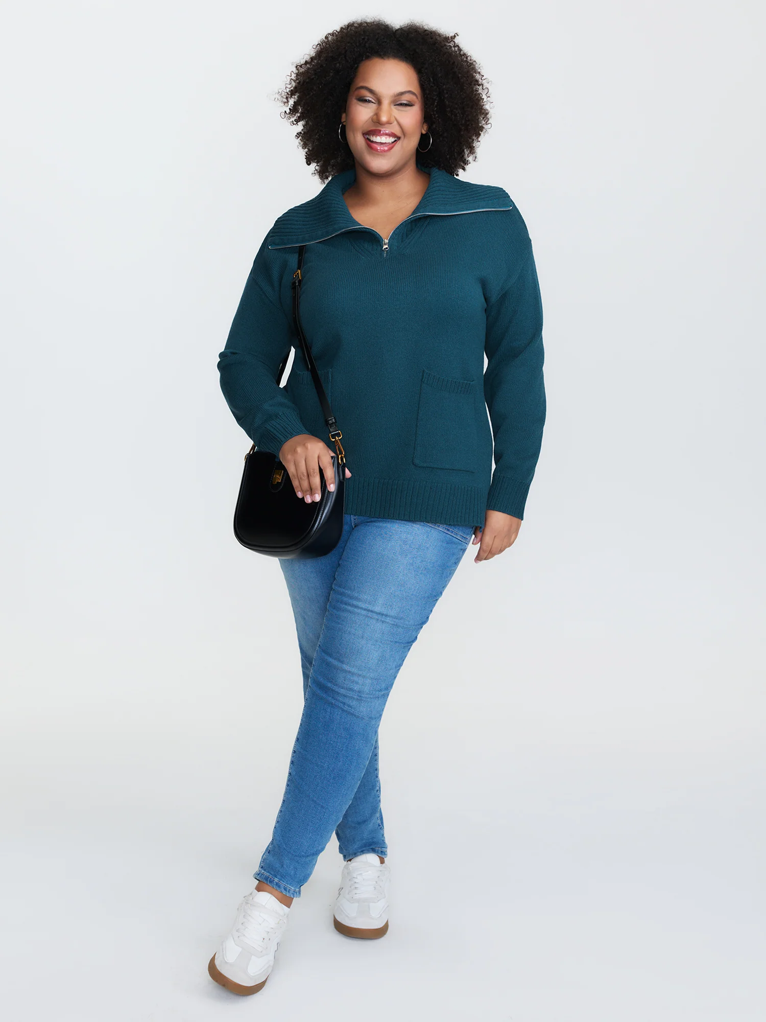 Stretchy Half-Zipper Pockets Collared Pullover - Image 3
