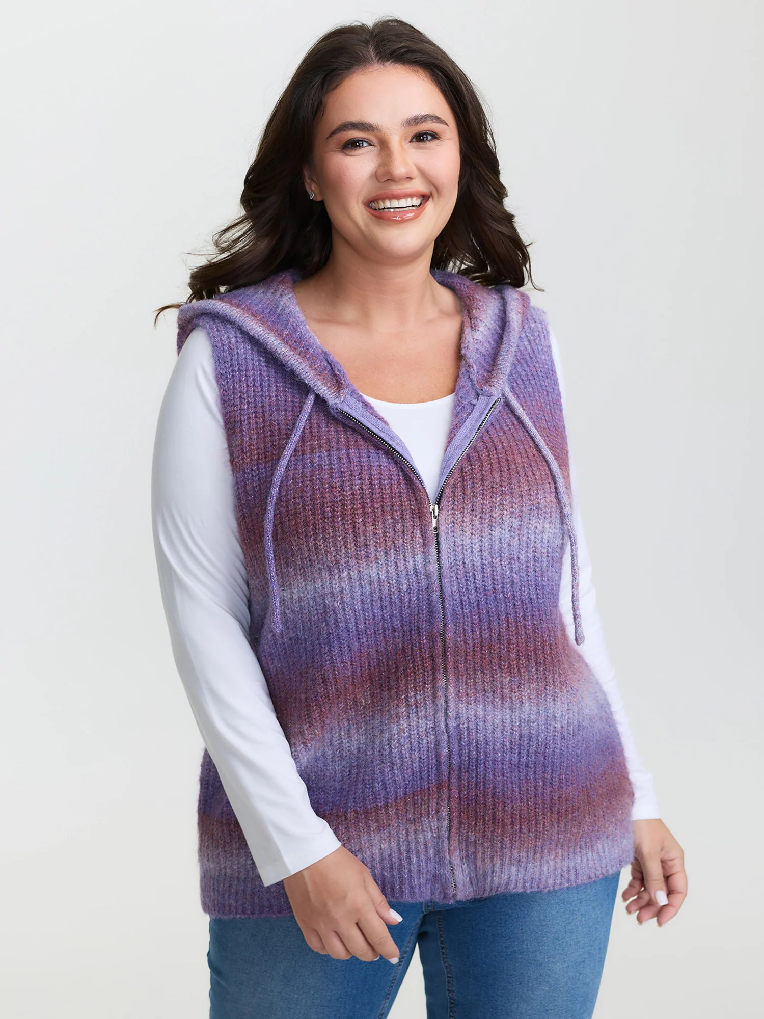 Stretchy Heather Hooded Zipper Knit Cardigan - Image 2