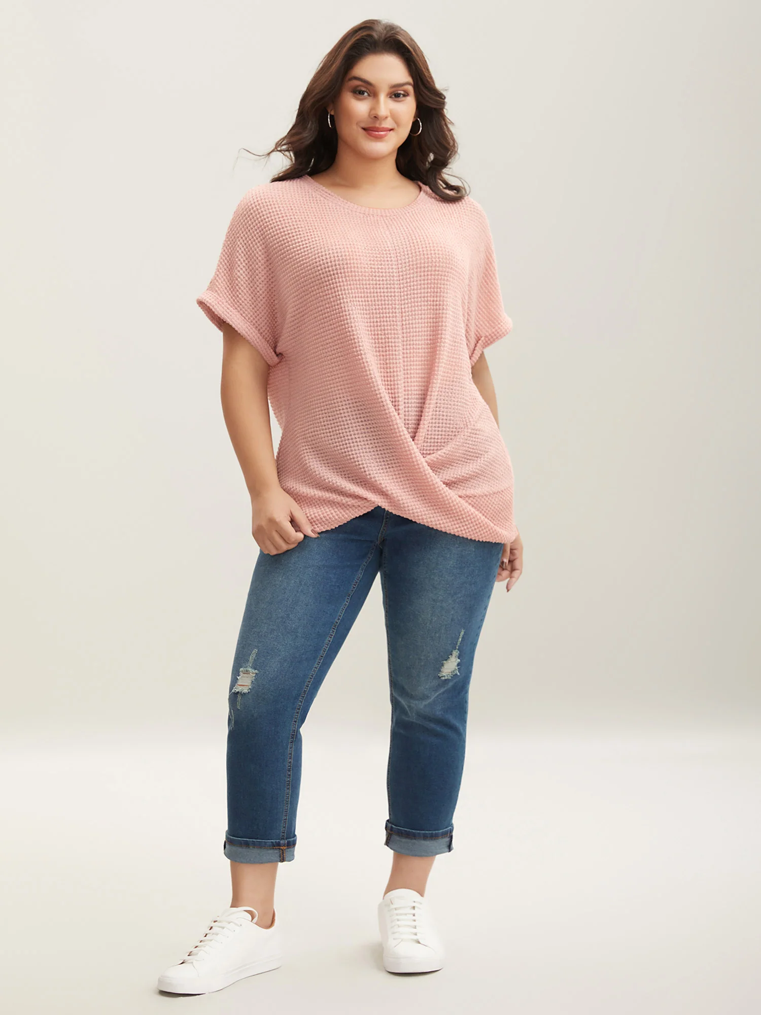 Stretchy Hem Twist Textured Plain T-Shirt - Image 3