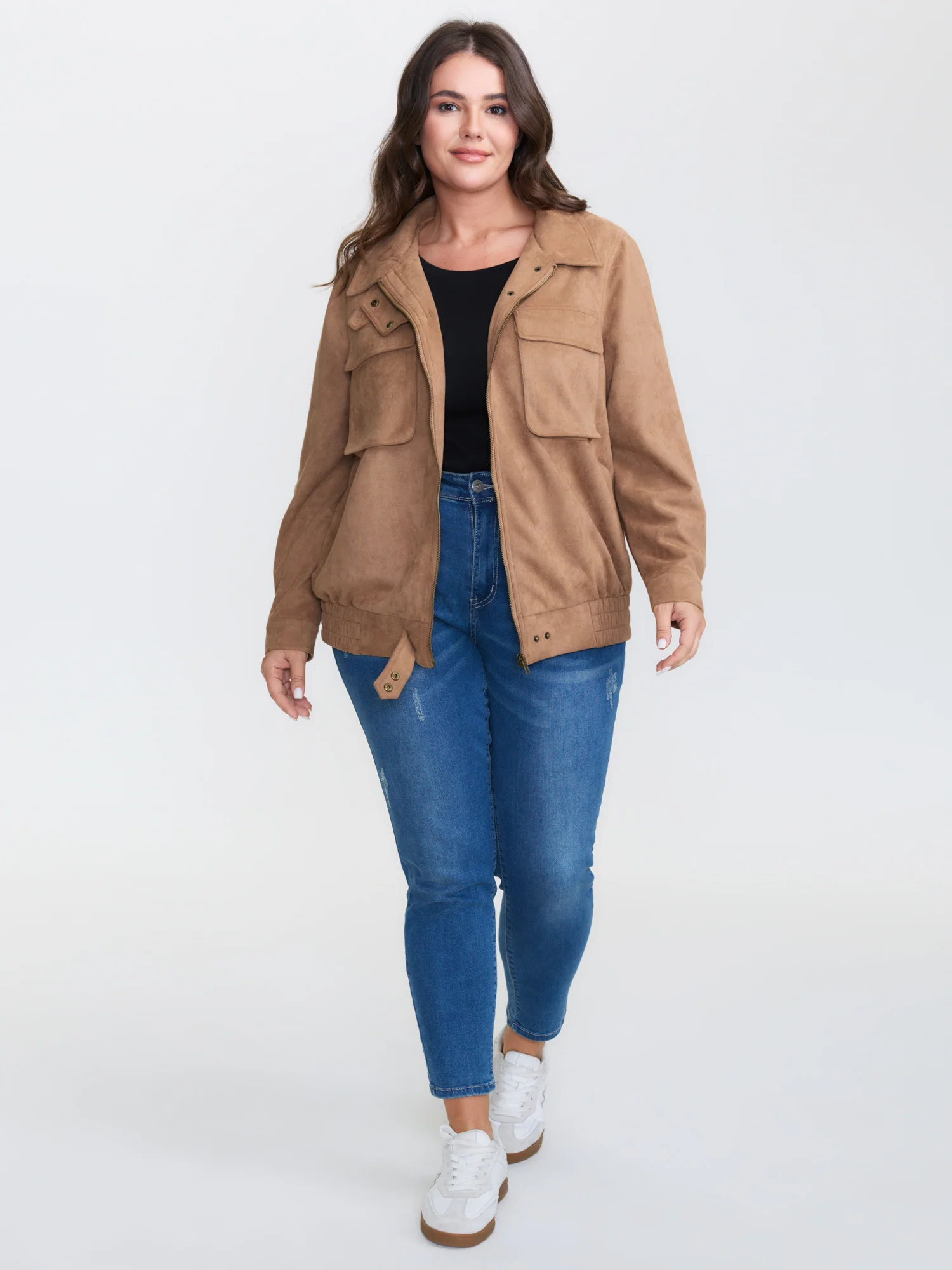 Stretchy Hem Zipper Solid Jacket - Image 3