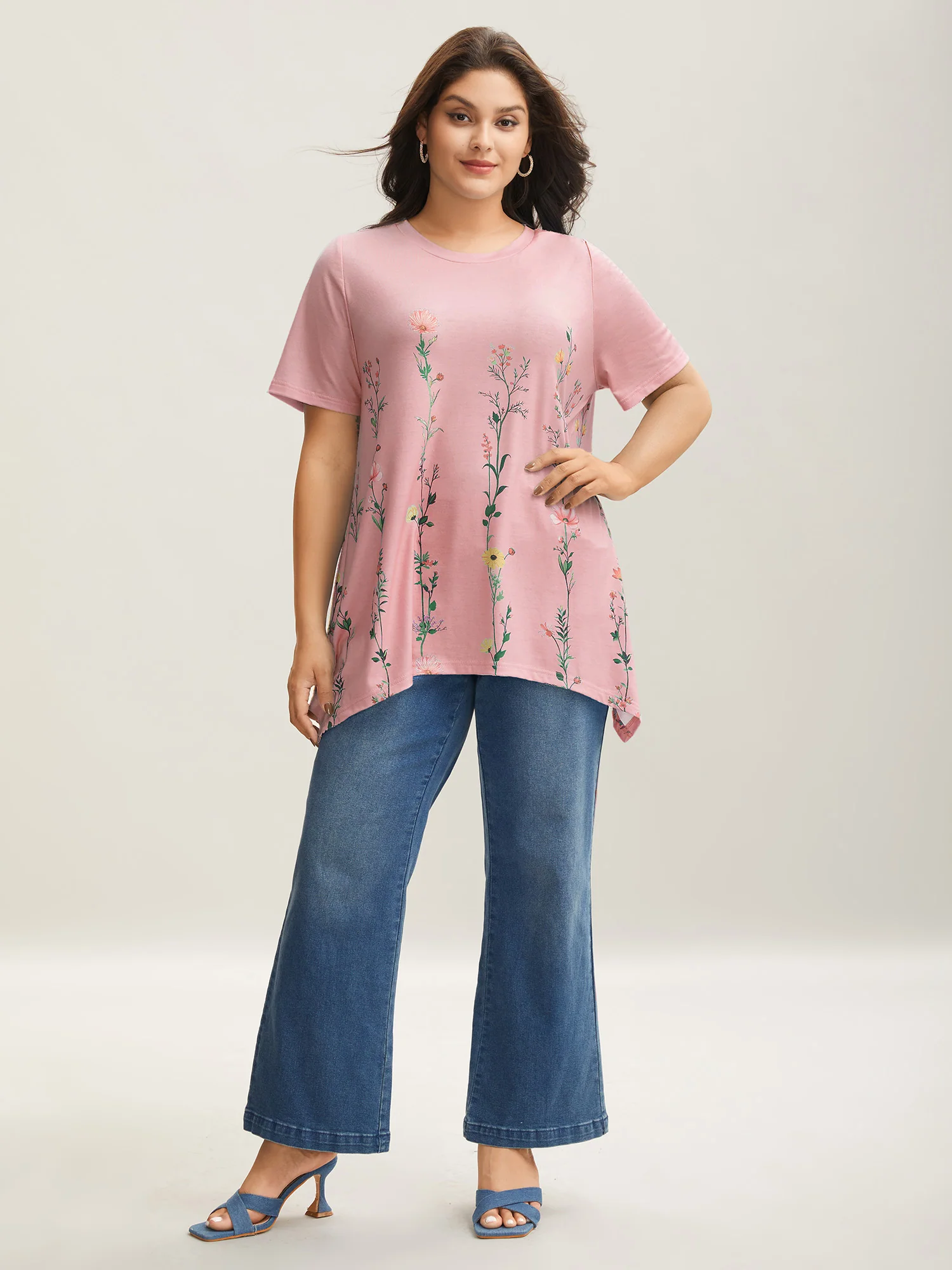 Stretchy Hi-Low Hem Floral T-Shirt - Image 3