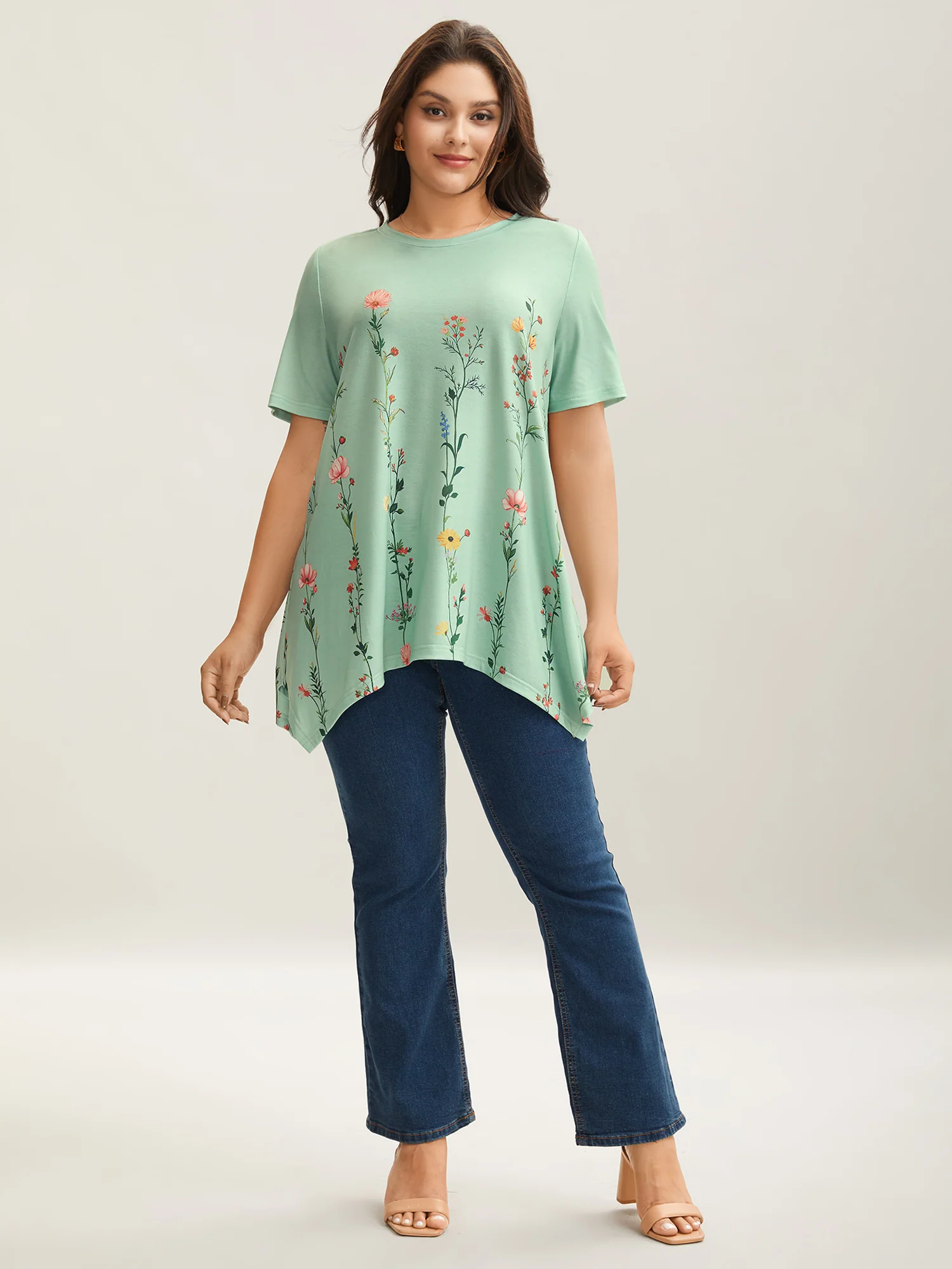Stretchy Hi-Low Hem Floral T-Shirt - Image 7