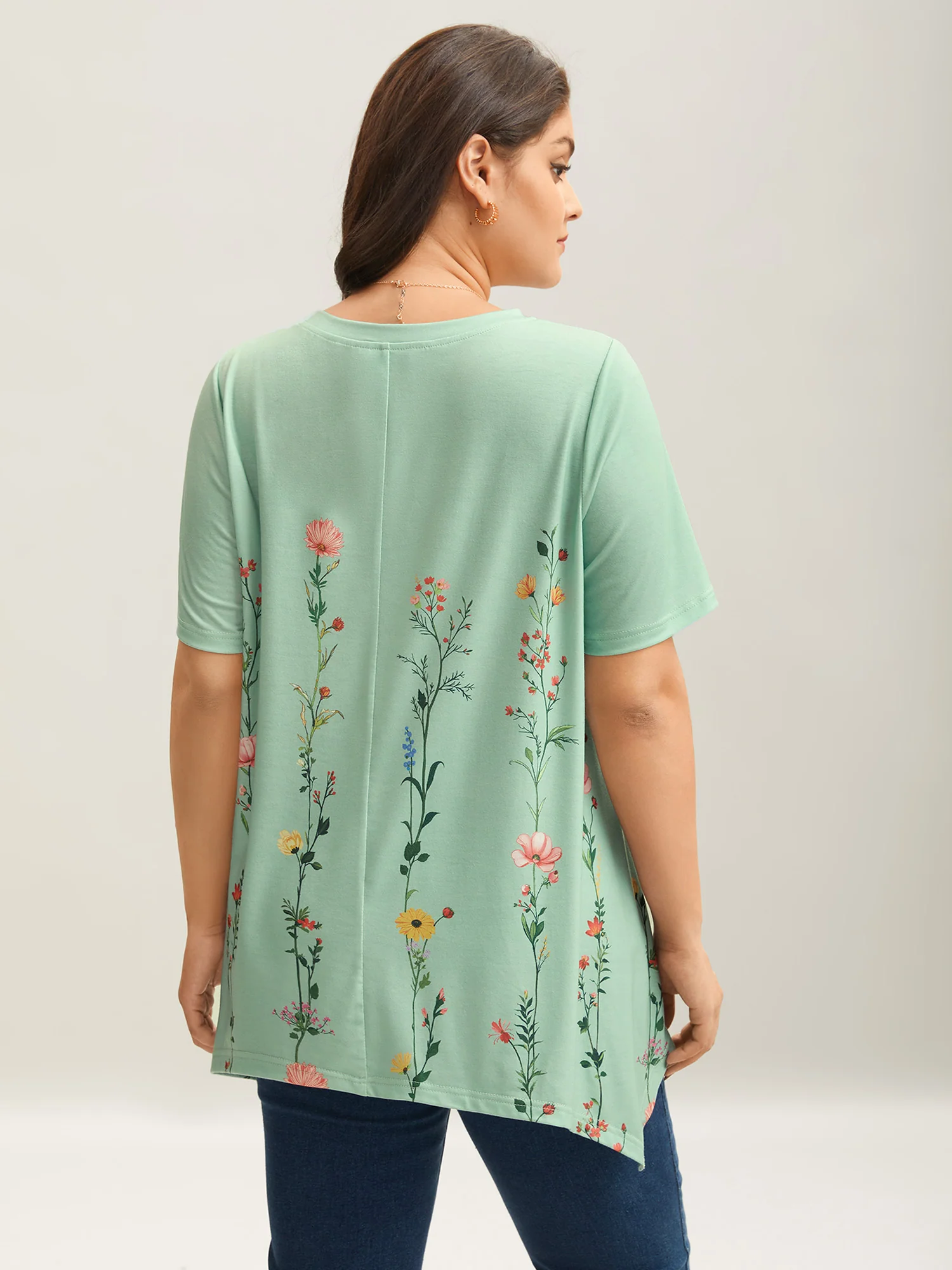 Stretchy Hi-Low Hem Floral T-Shirt - Image 8