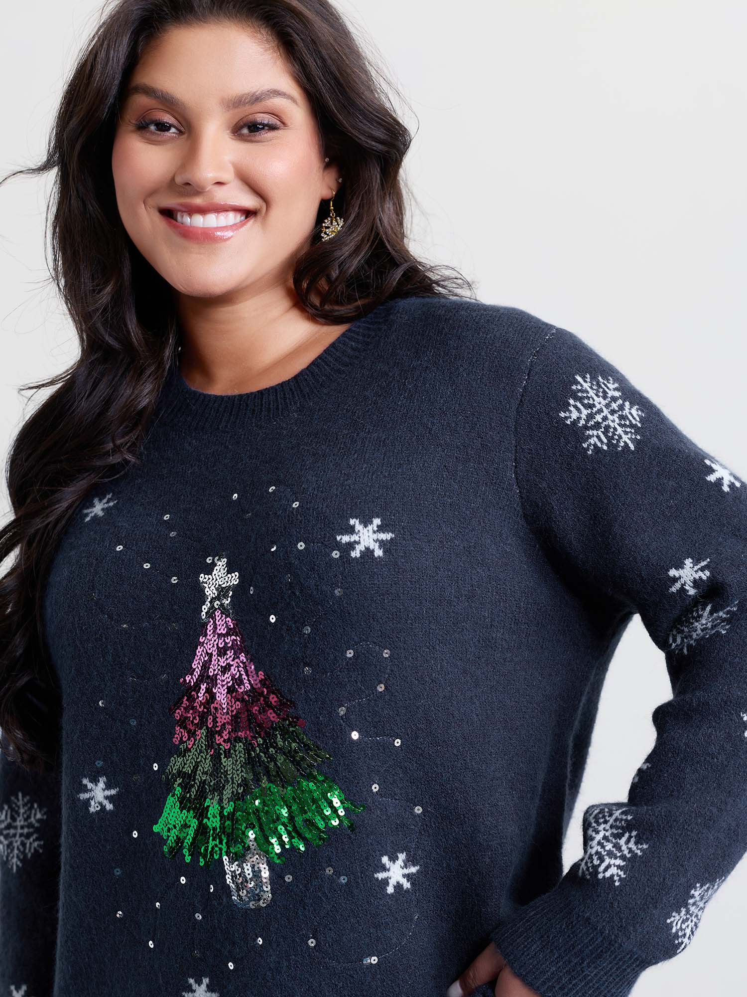 Stretchy Holiday Tree Sequin Embroidery Pullover - Image 2