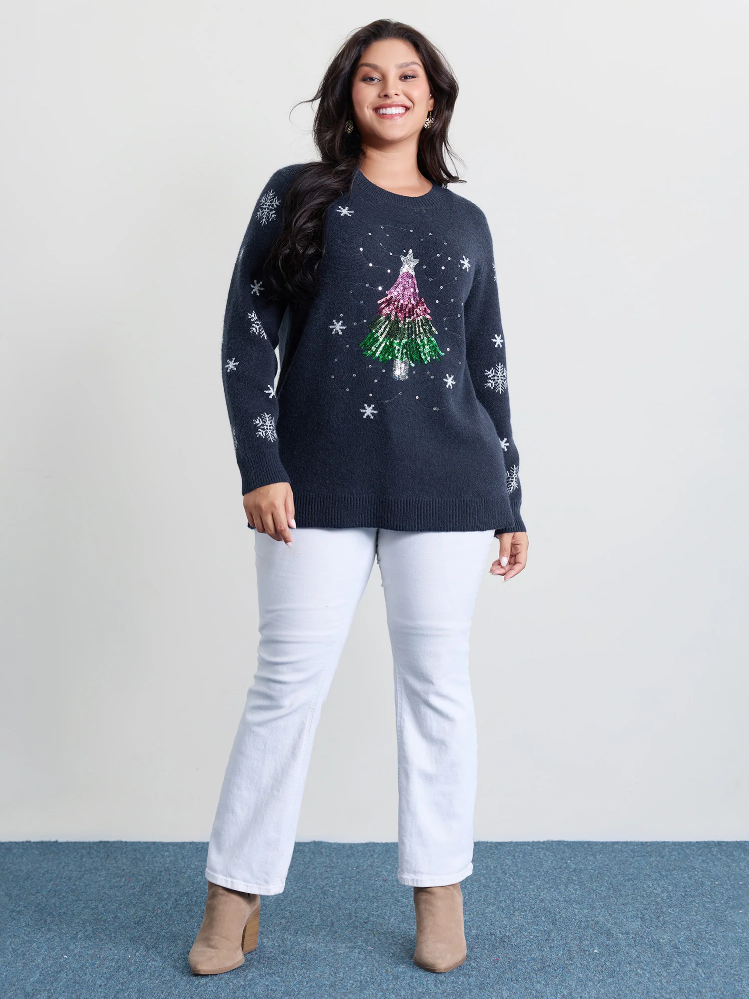 Stretchy Holiday Tree Sequin Embroidery Pullover - Image 3