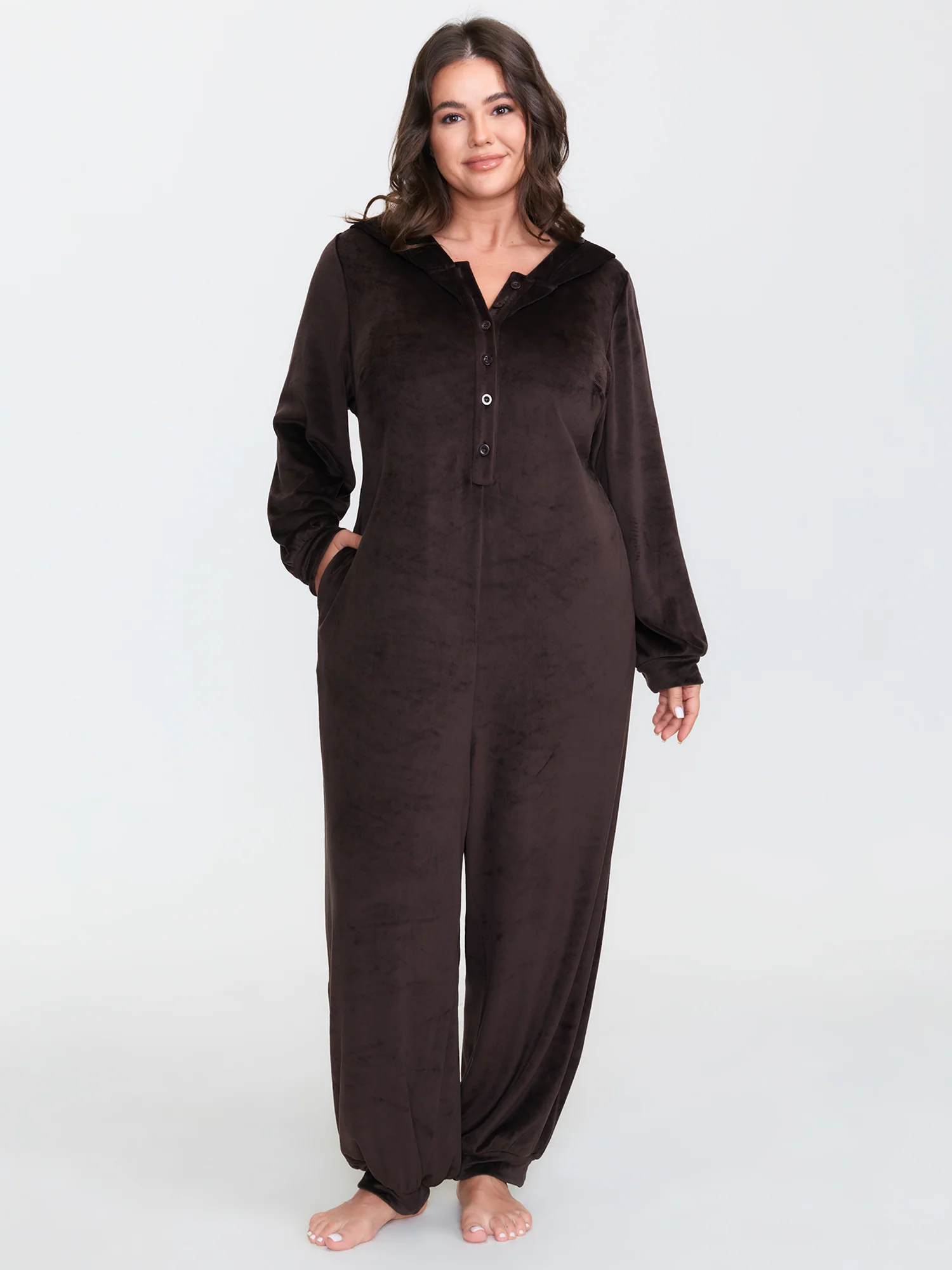 Stretchy Hooded Button Placket Pocket Pajama Onesie - Image 3