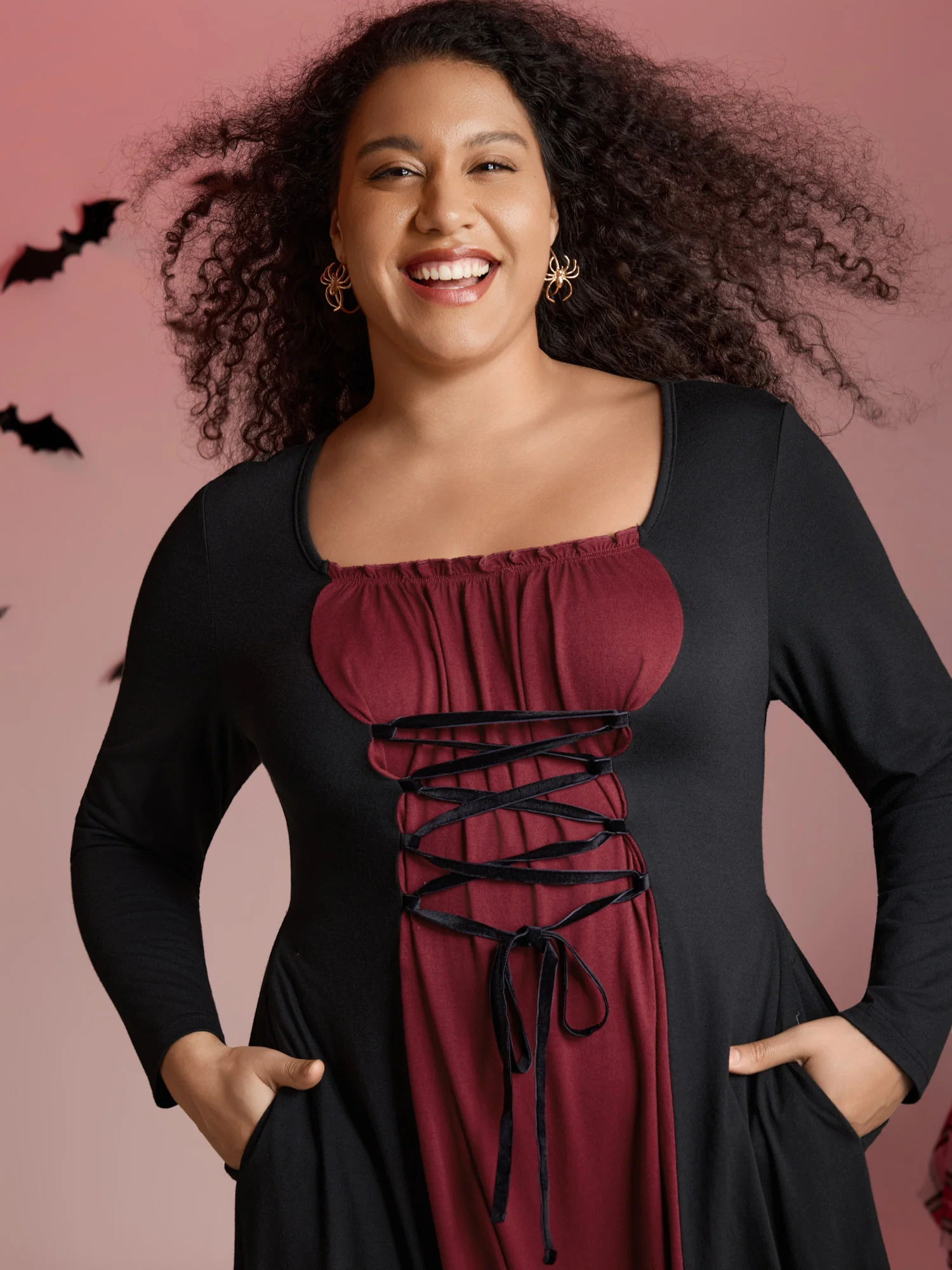 Stretchy Knit Adjustable Tie Frill Trim Midi Dress - Image 2