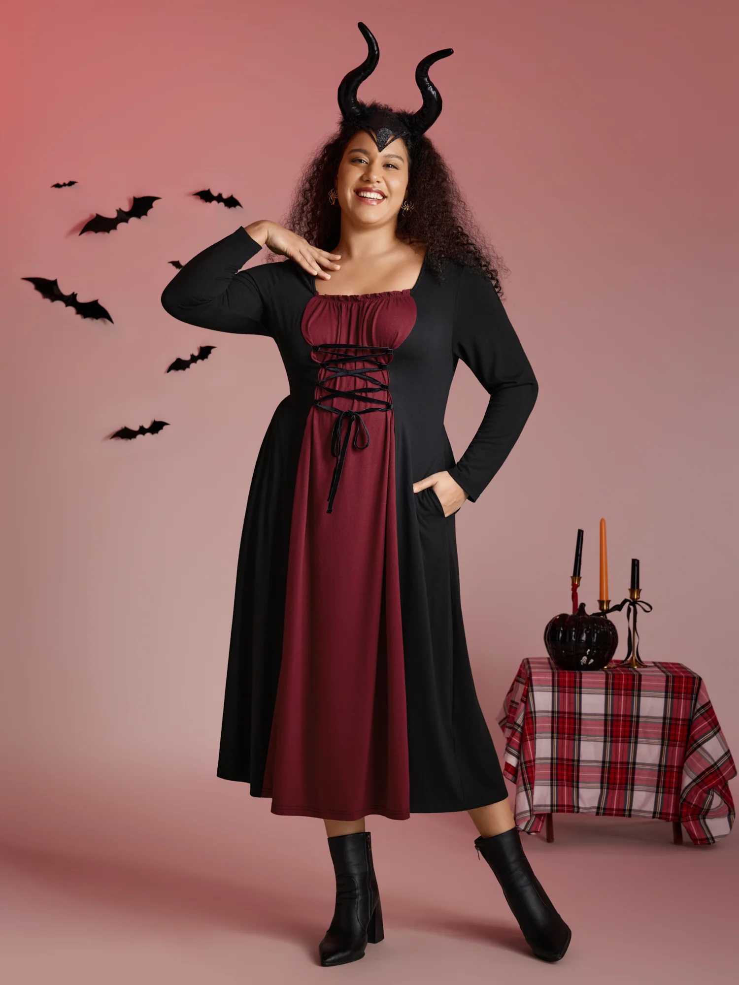 Stretchy Knit Adjustable Tie Frill Trim Midi Dress - Image 3