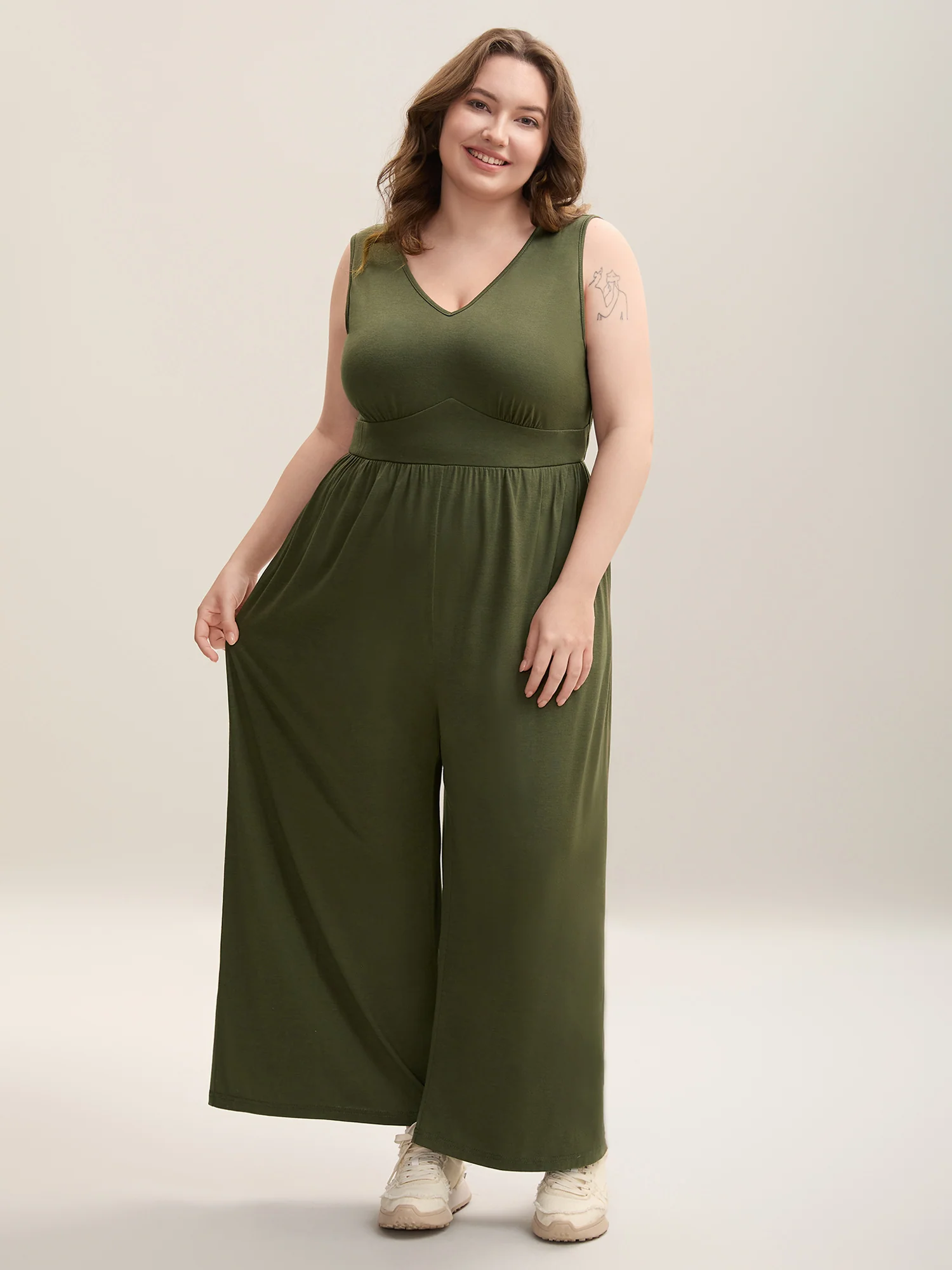 Stretchy Knit Pockets Cross Back Jumpsuit - Image 2
