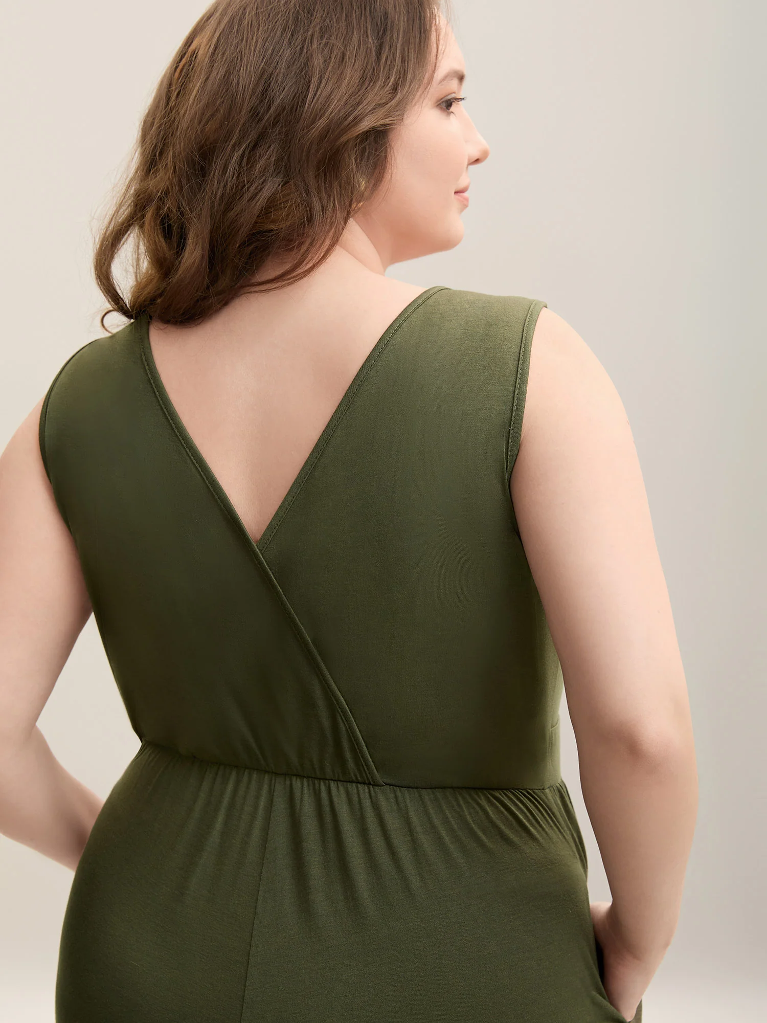 Stretchy Knit Pockets Cross Back Jumpsuit - Image 4