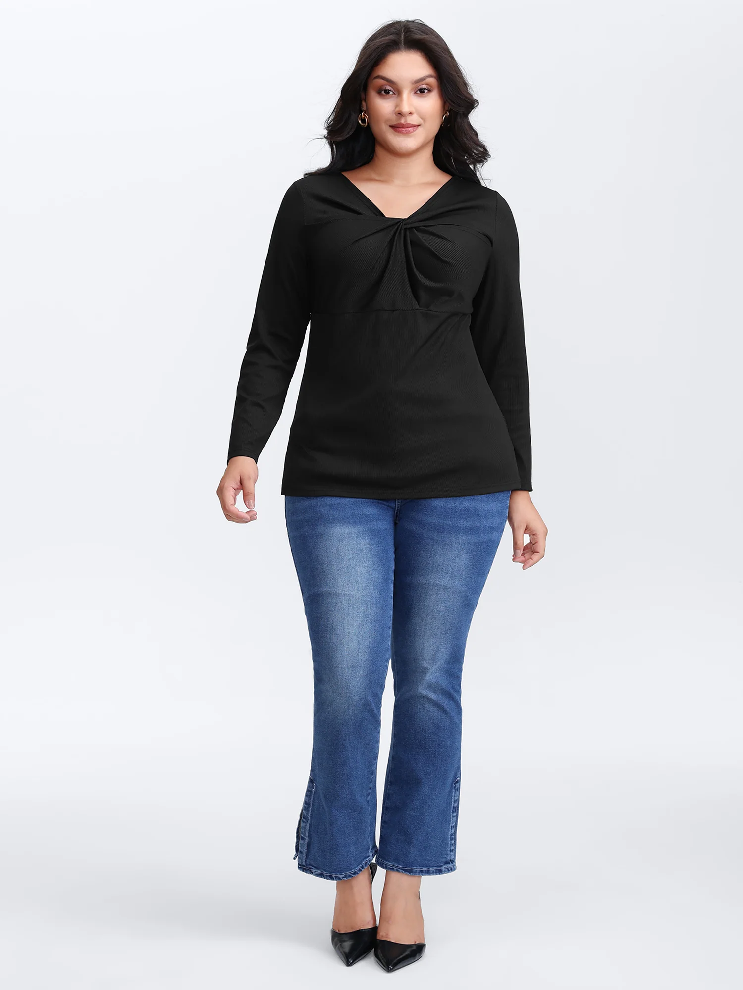 Stretchy Knotted Neckline Cozy Knit Top - Image 3