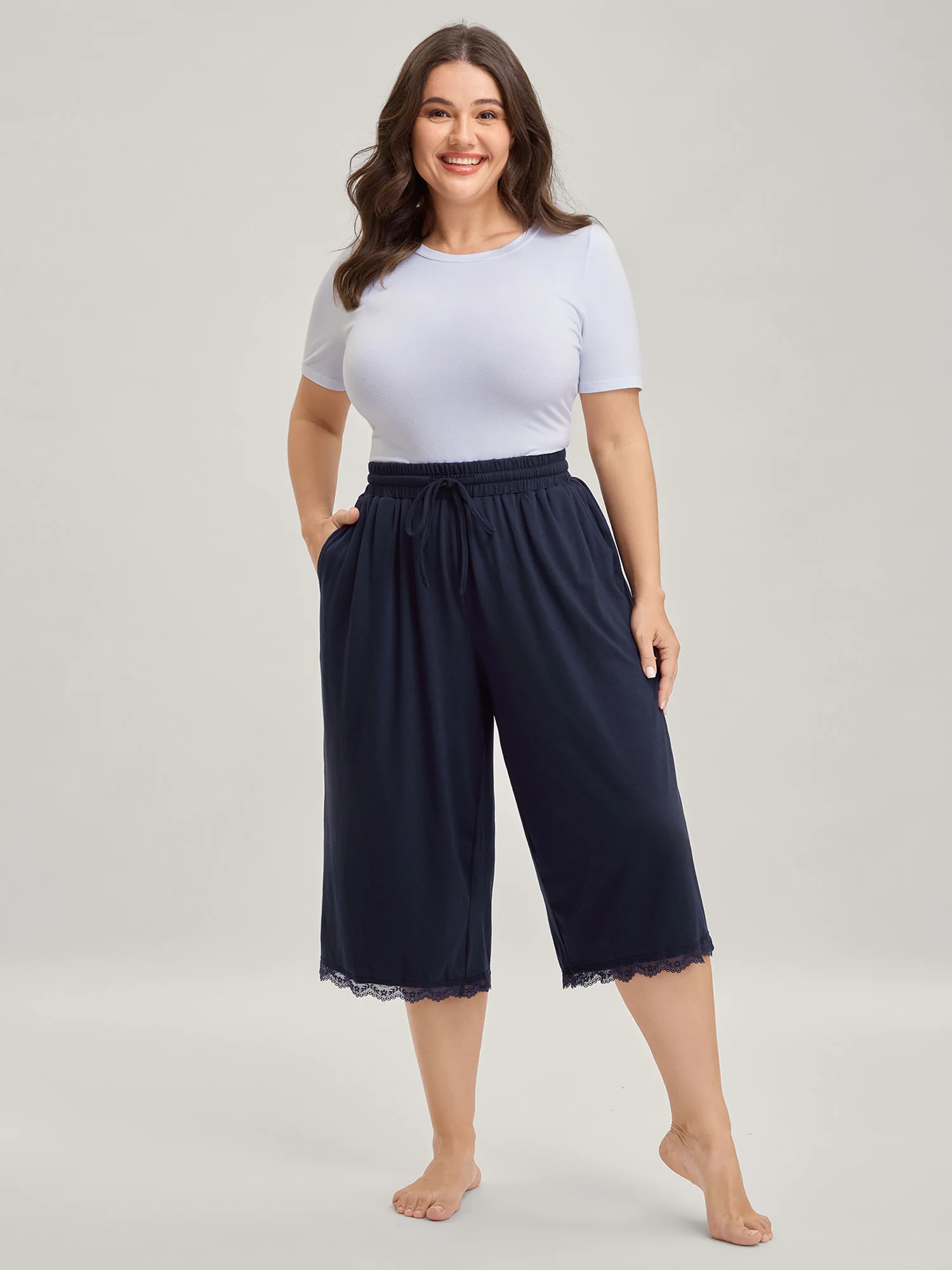 Stretchy Lace Trim Drawstring Lounge Pants - Image 2