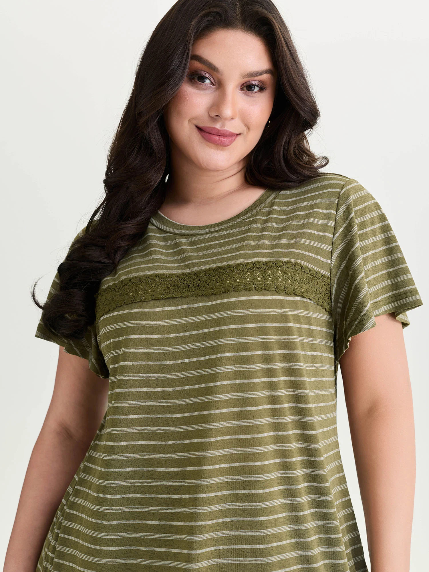 Stretchy Lace Trim Round Neck T-Shirt - Image 2