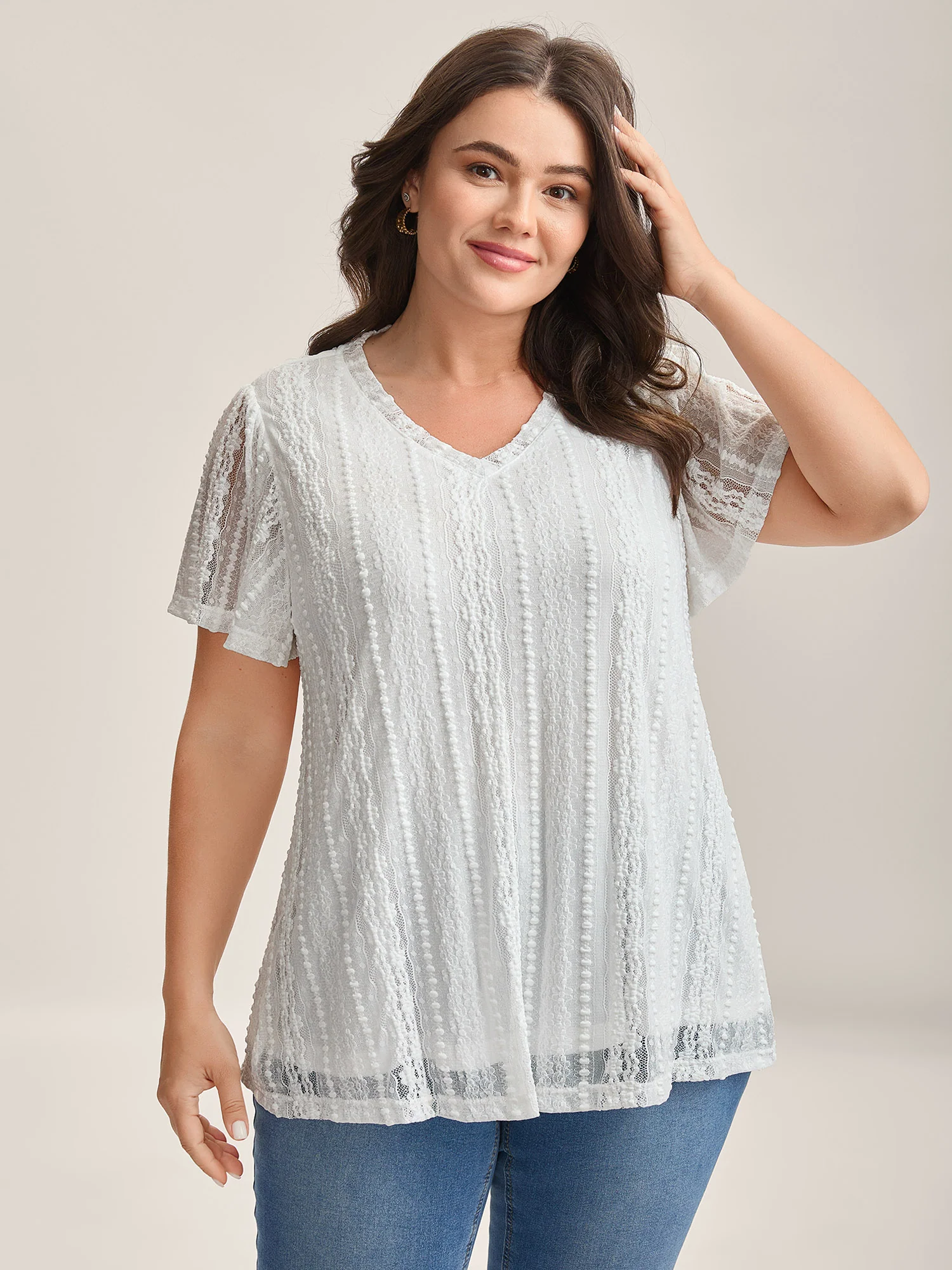 Stretchy Lace V-Neck Knit Top - Image 2