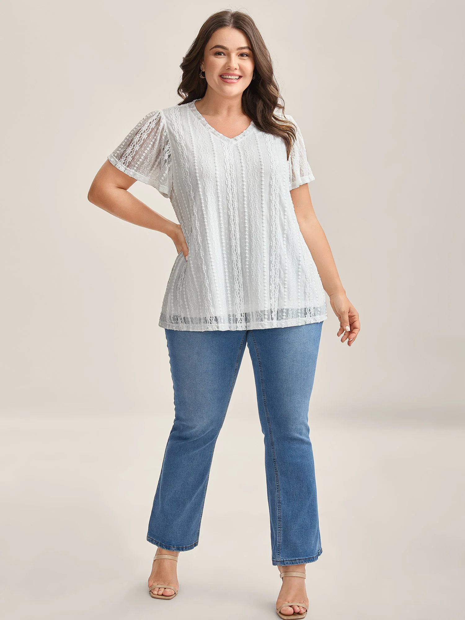 Stretchy Lace V-Neck Knit Top - Image 3