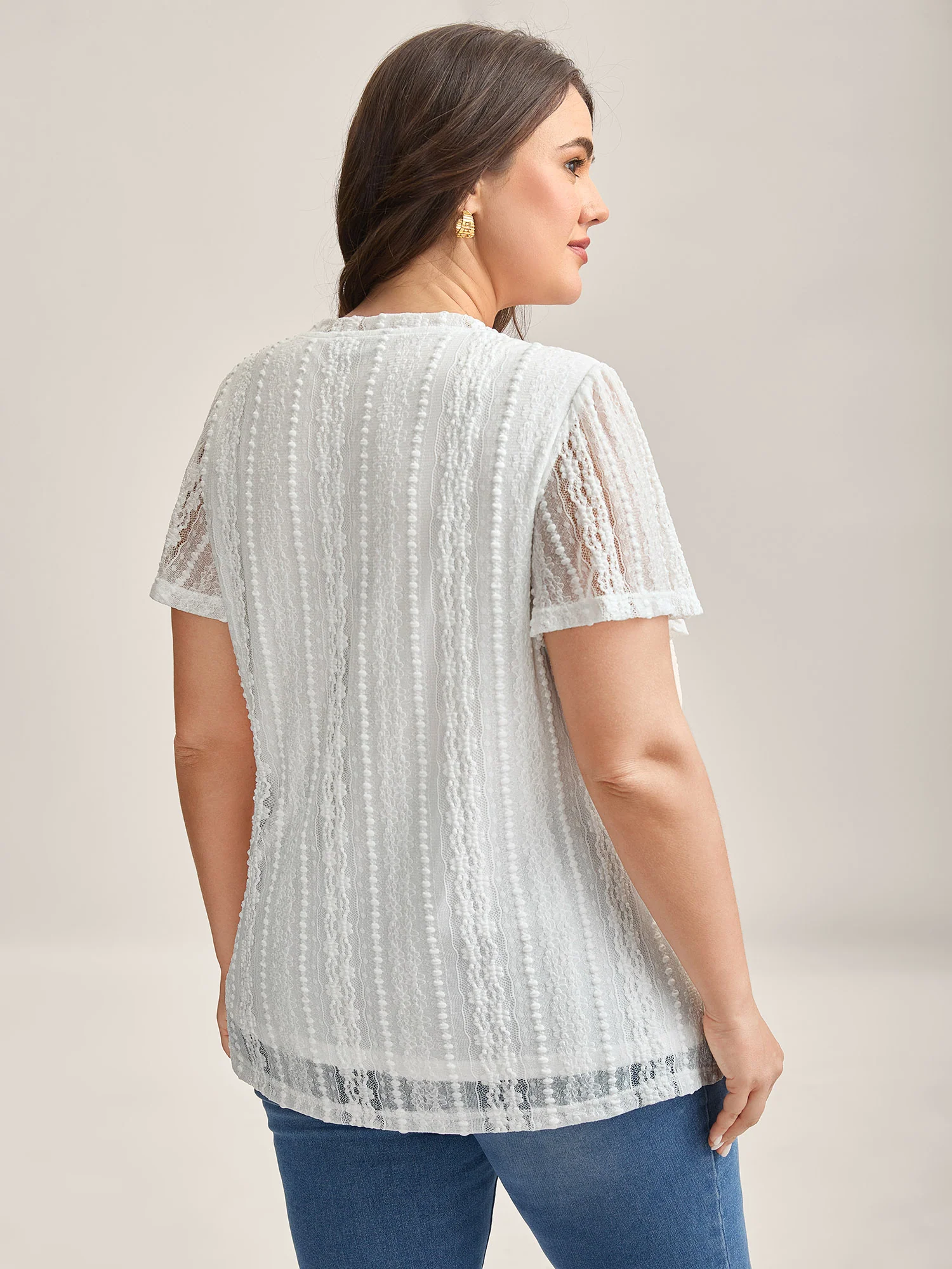Stretchy Lace V-Neck Knit Top - Image 4