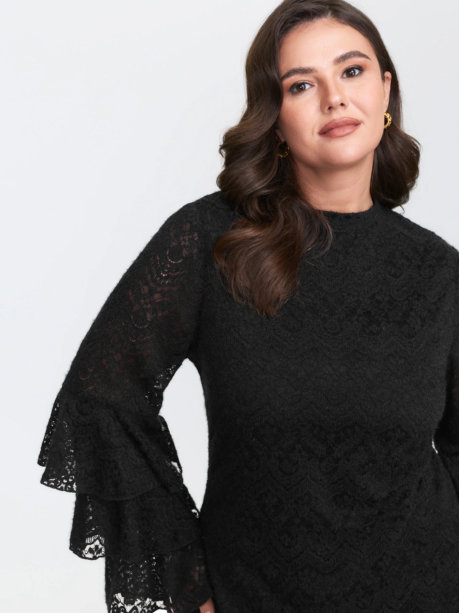 Stretchy Layered Sheer Lace Trim Knit Top - Image 2