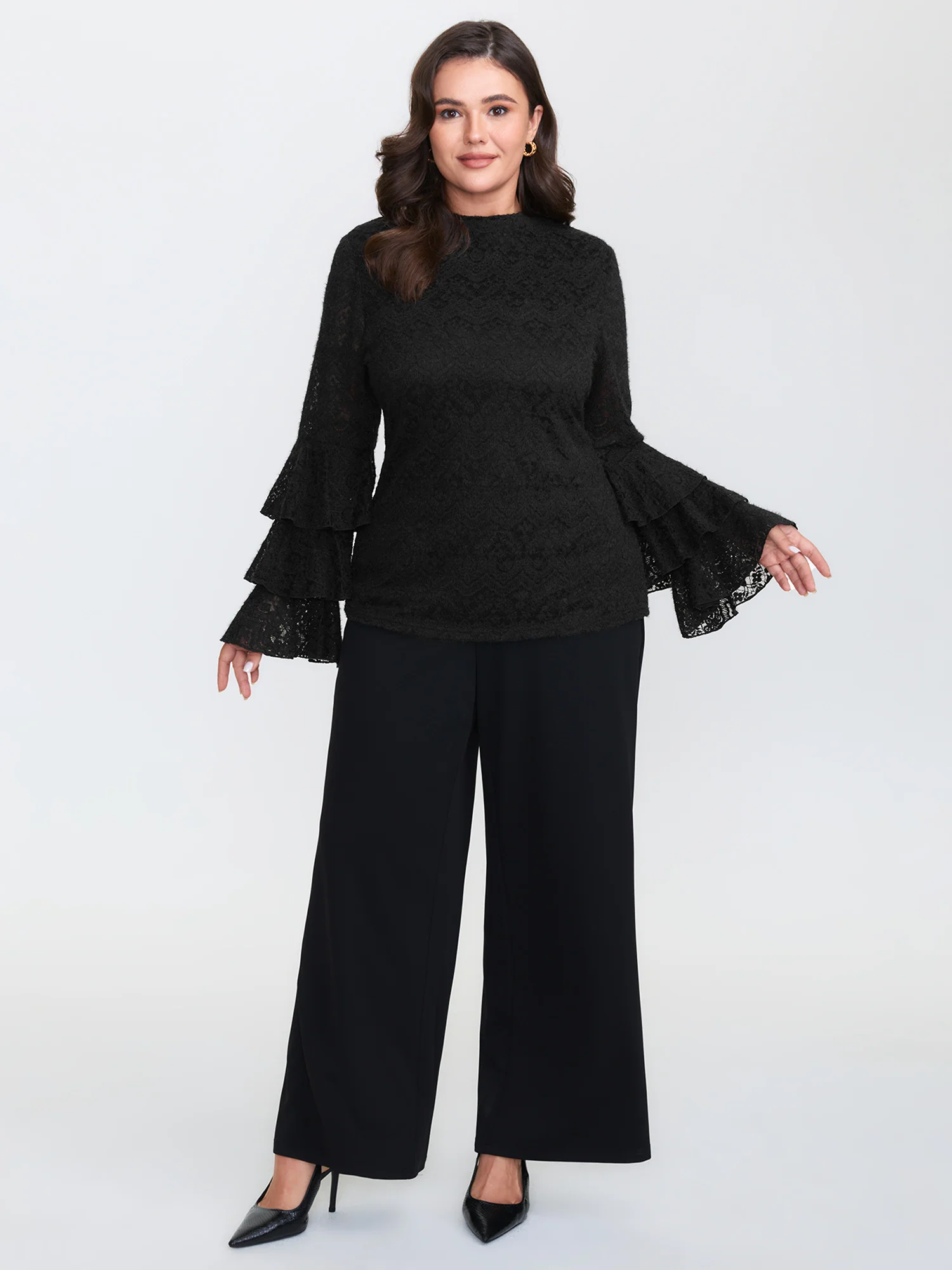 Stretchy Layered Sheer Lace Trim Knit Top - Image 3