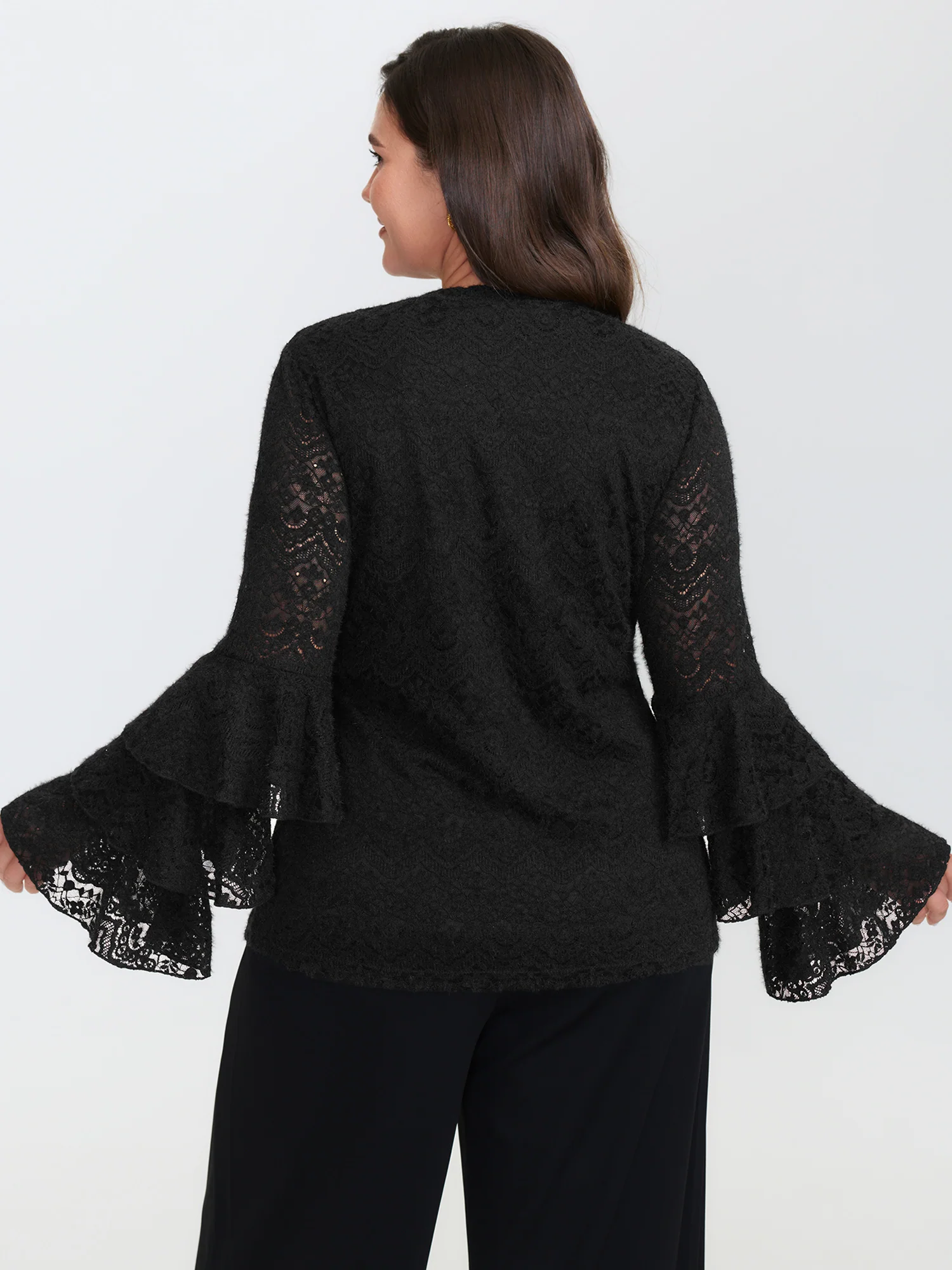 Stretchy Layered Sheer Lace Trim Knit Top - Image 4