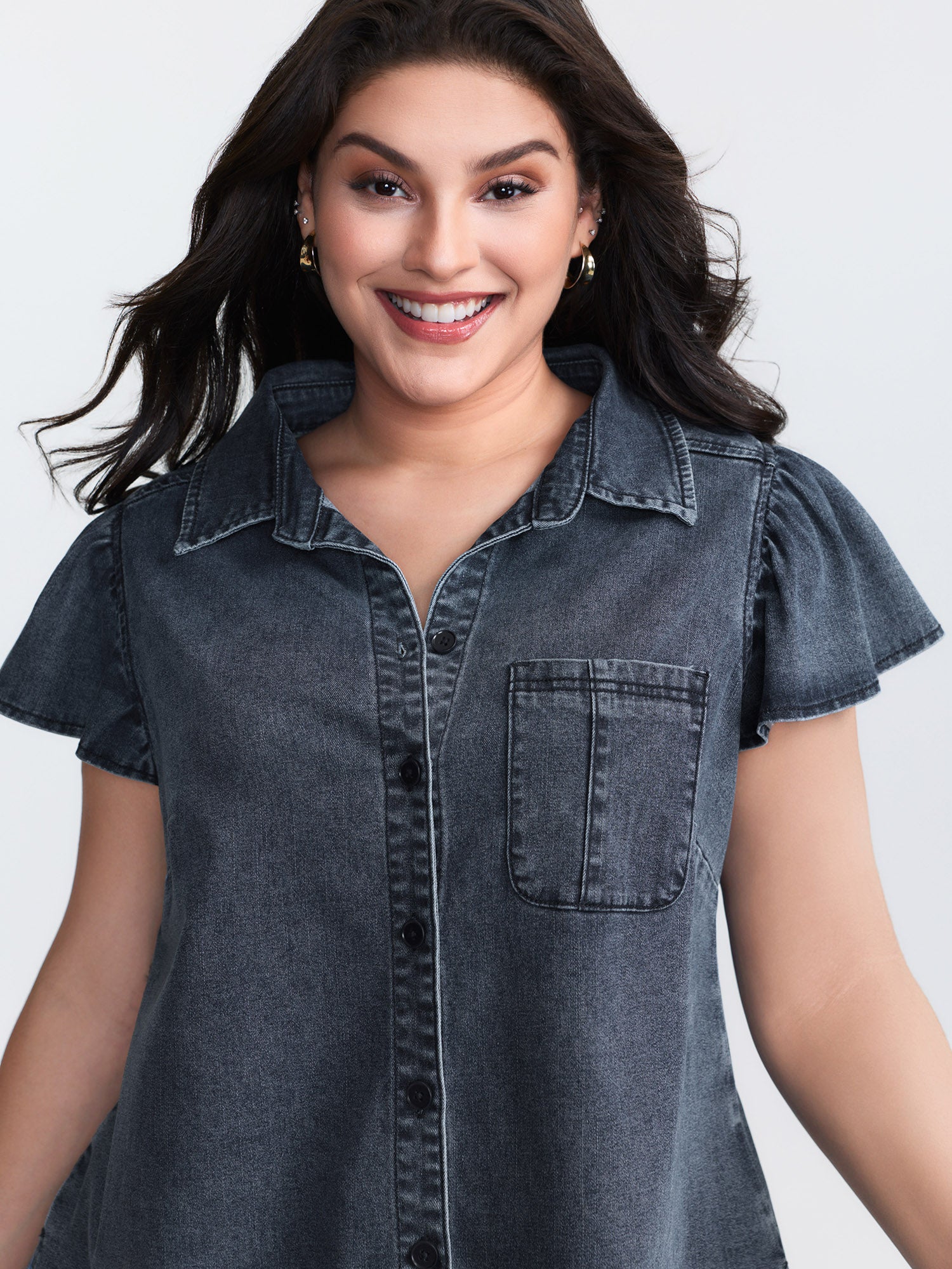 Stretchy Lotus Leaf Sleeve Denim Top - Image 2