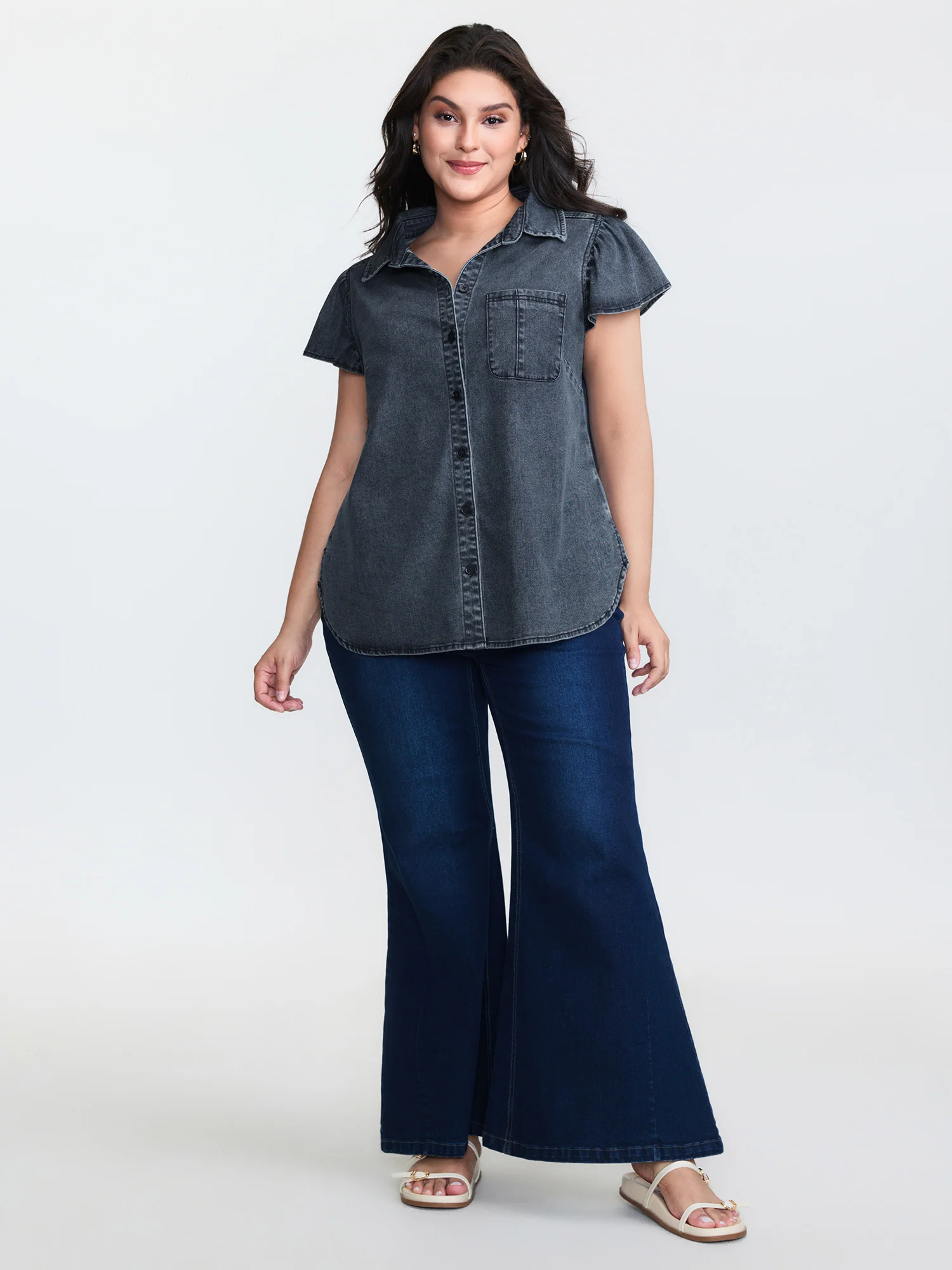 Stretchy Lotus Leaf Sleeve Denim Top - Image 5