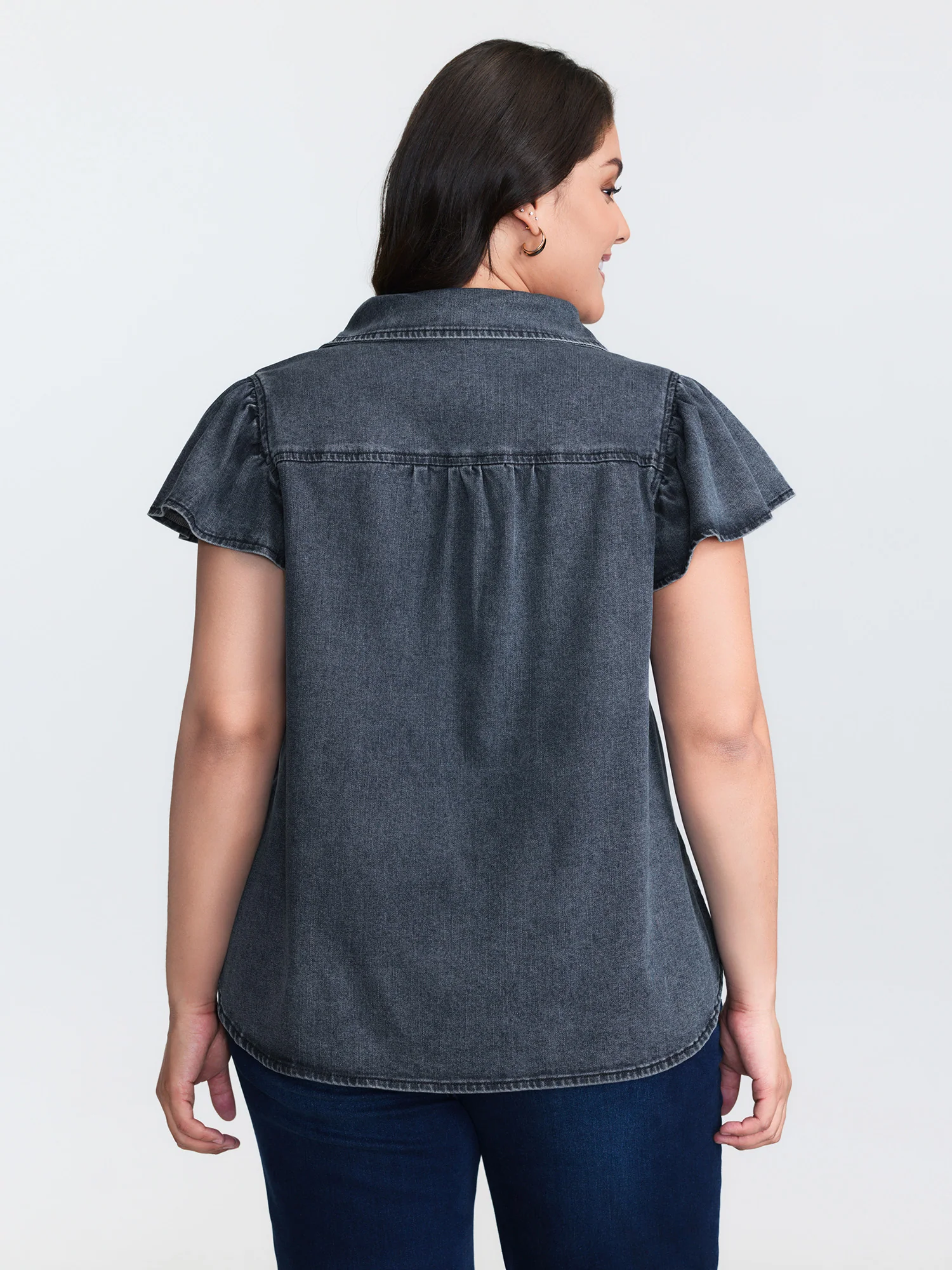 Stretchy Lotus Leaf Sleeve Denim Top - Image 6