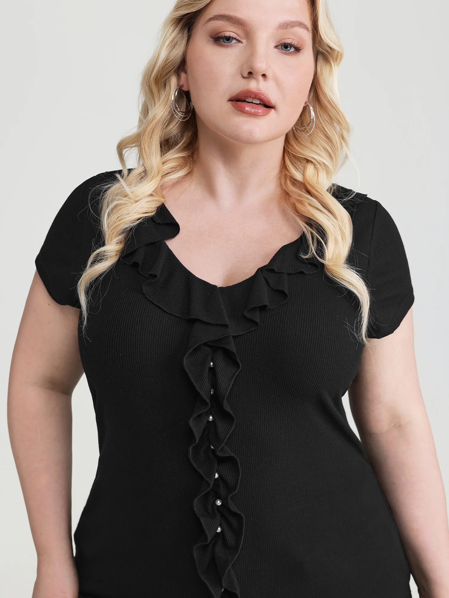 Stretchy Lotus Leaf Strip Knit Top - Image 2