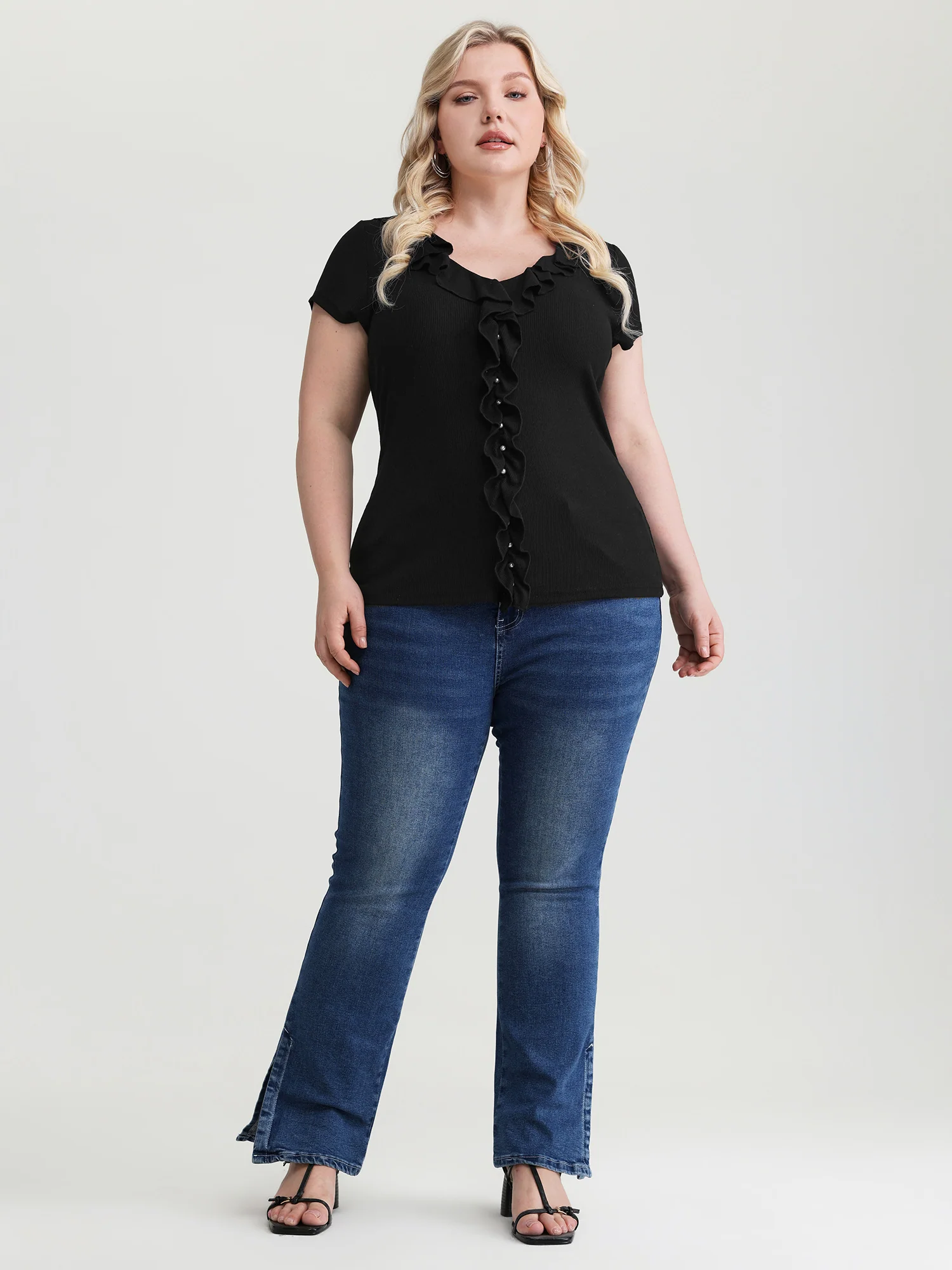 Stretchy Lotus Leaf Strip Knit Top - Image 3