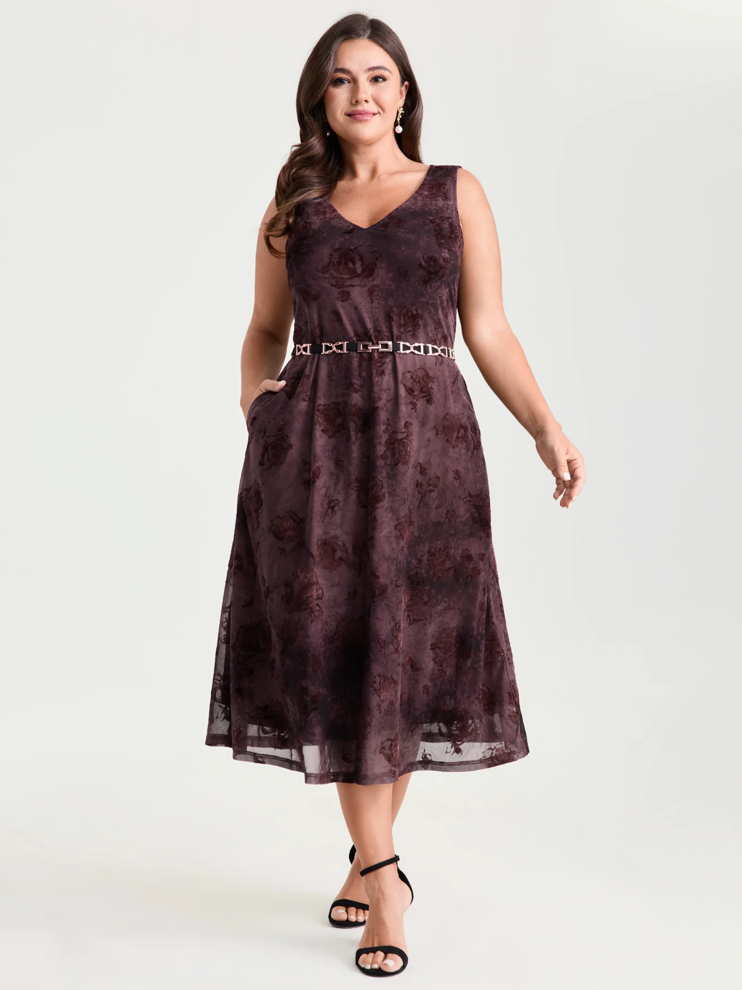 Stretchy Mesh Deep V-Neckline Midi Dress - Image 3