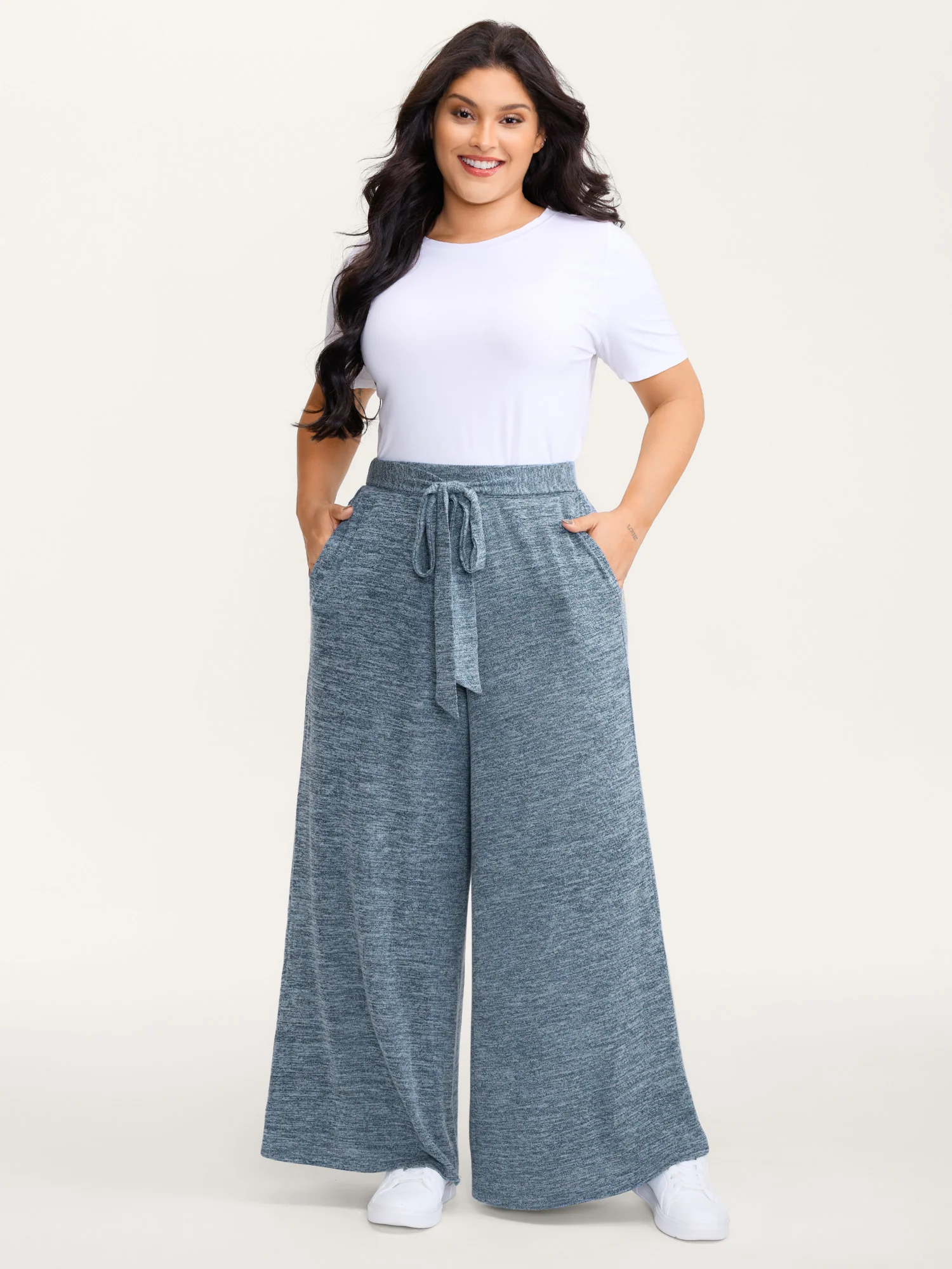 Stretchy Mixed-Color Belted Wide-Leg Pants - Image 8