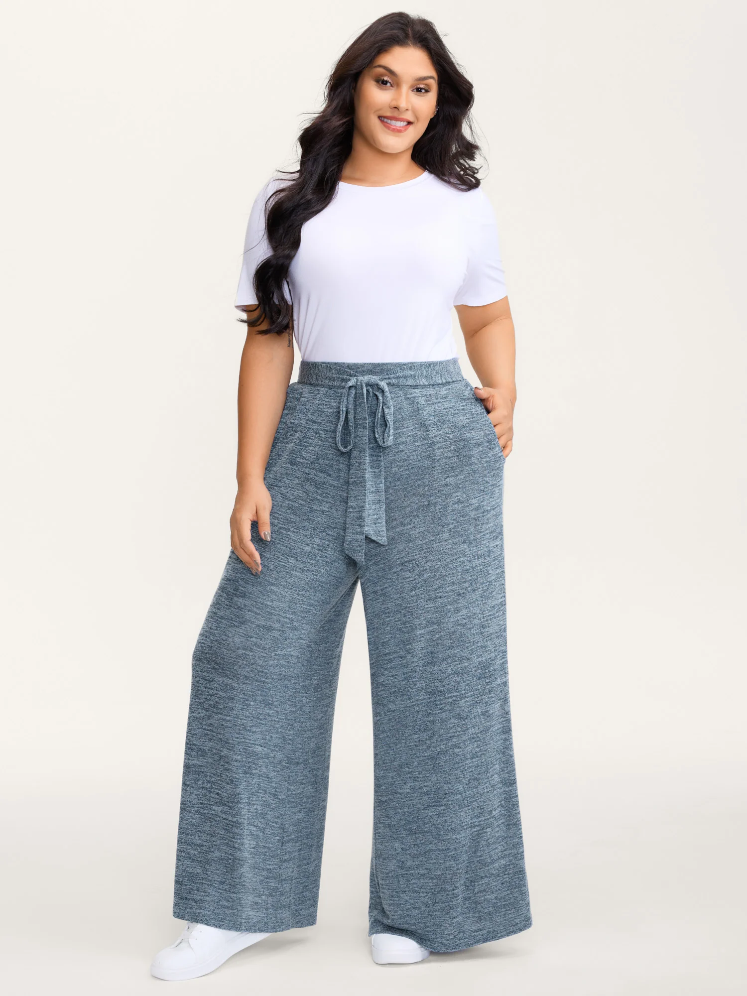 Stretchy Mixed-Color Belted Wide-Leg Pants - Image 9