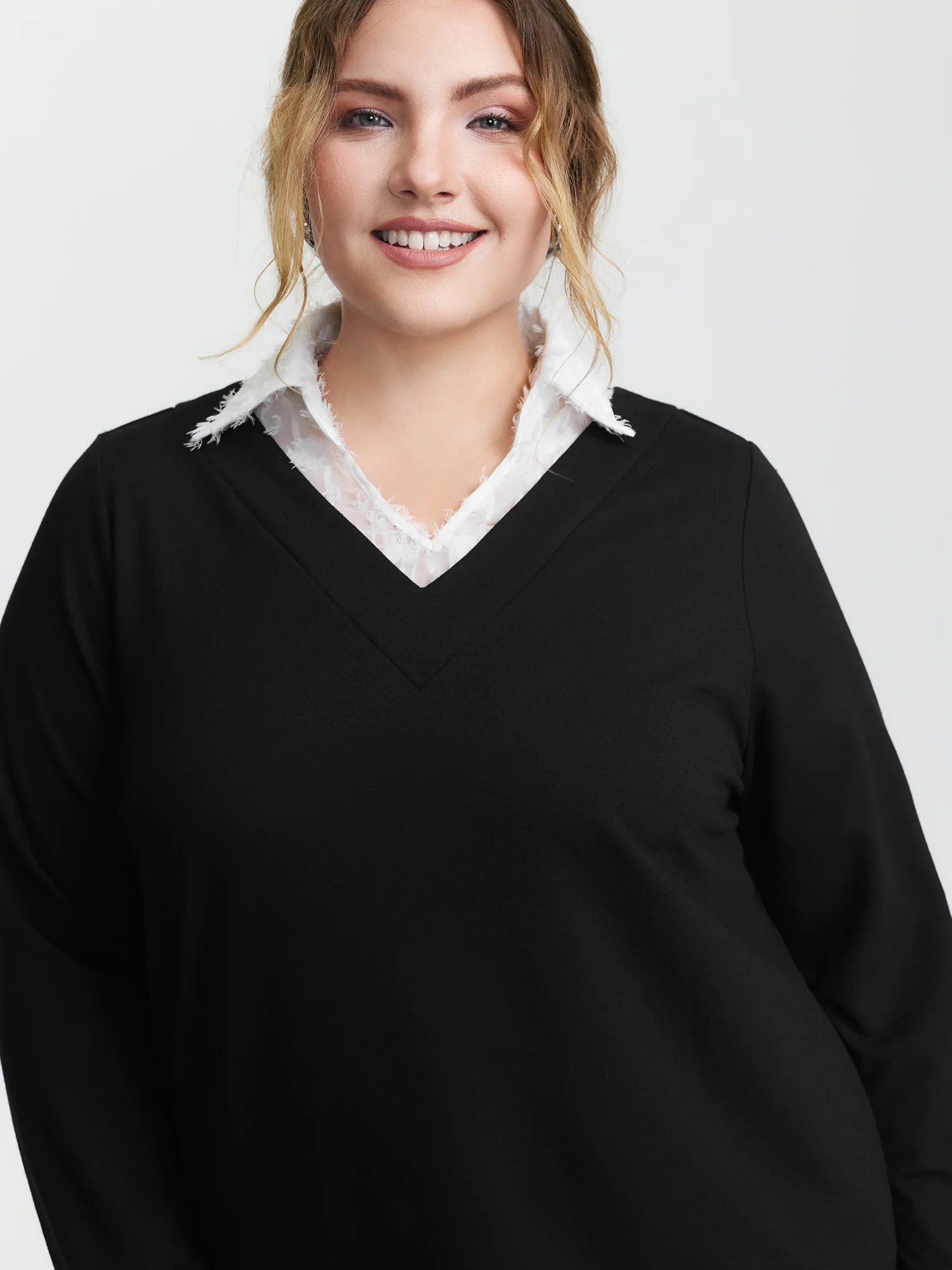 Stretchy Mixed Fabric Contrast Sweatshirt - Image 2