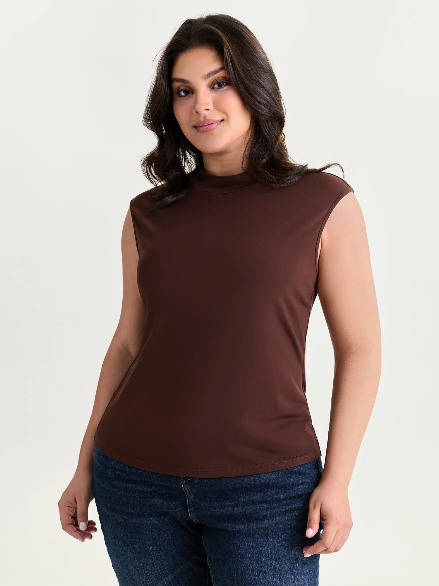 Stretchy Mock Neckline Plain T-Shirt - Image 2