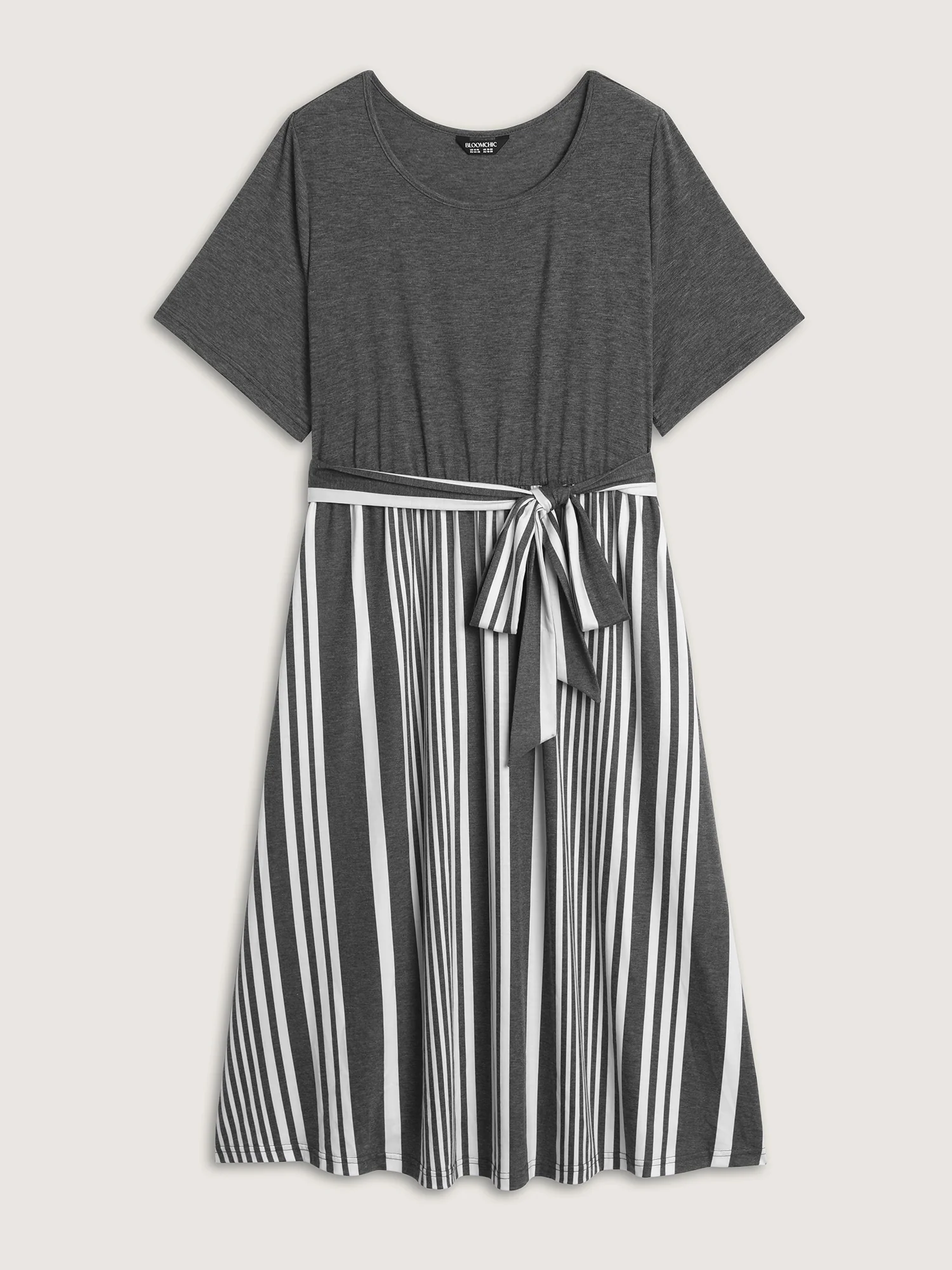 Stretchy Monochrome Striped Belted Waist Midi Dress - Image 7