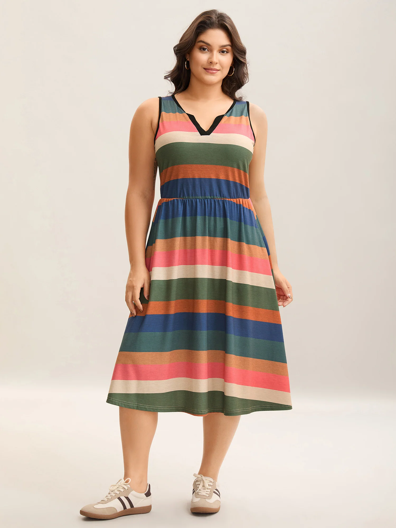 Stretchy Multi-Color Stripes Pockets Midi Dress - Image 3