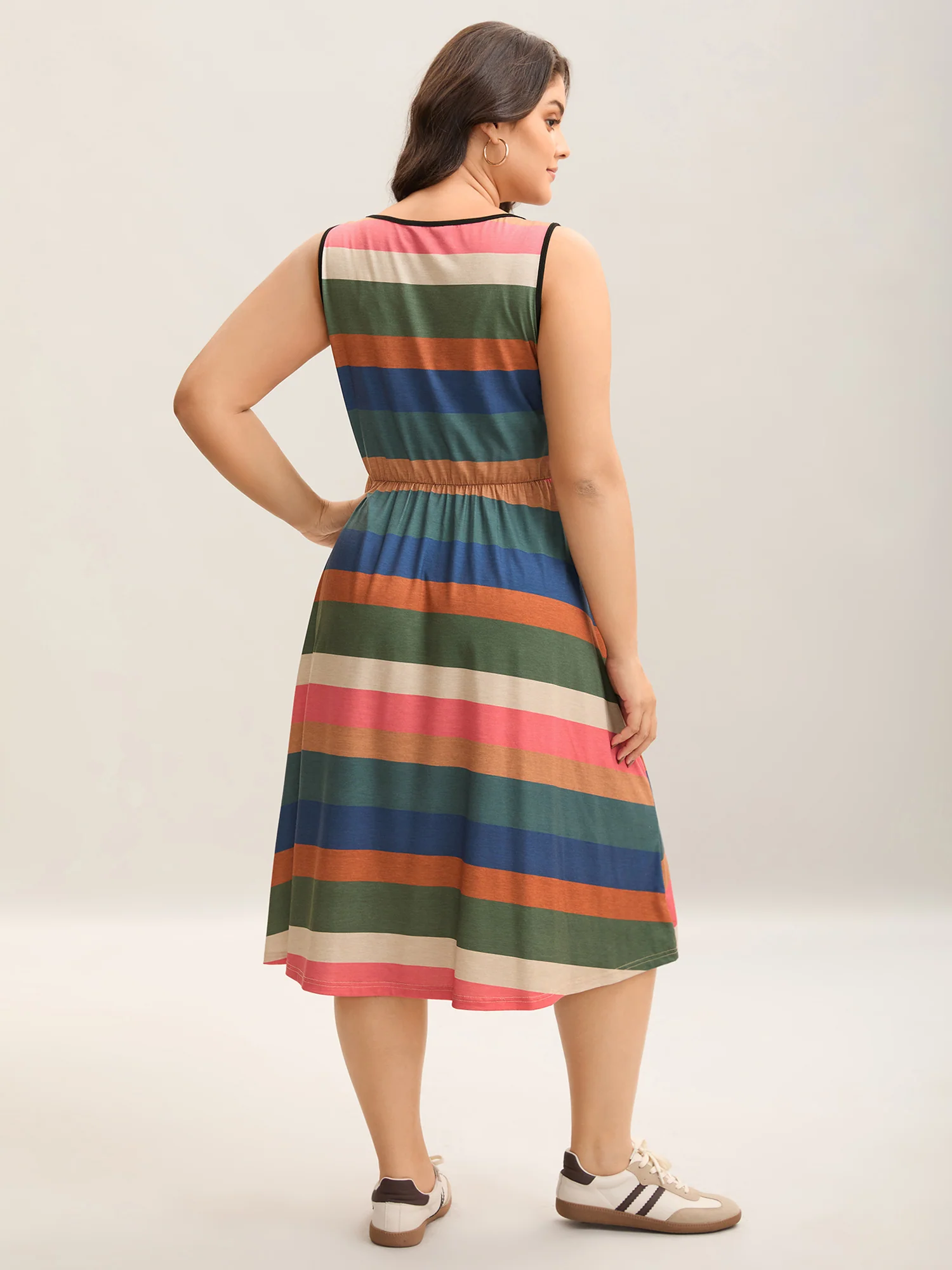 Stretchy Multi-Color Stripes Pockets Midi Dress - Image 4