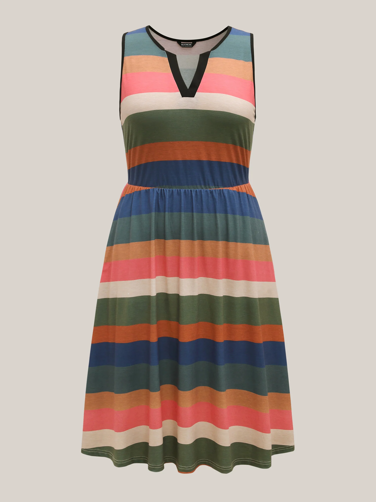 Stretchy Multi-Color Stripes Pockets Midi Dress - Image 7