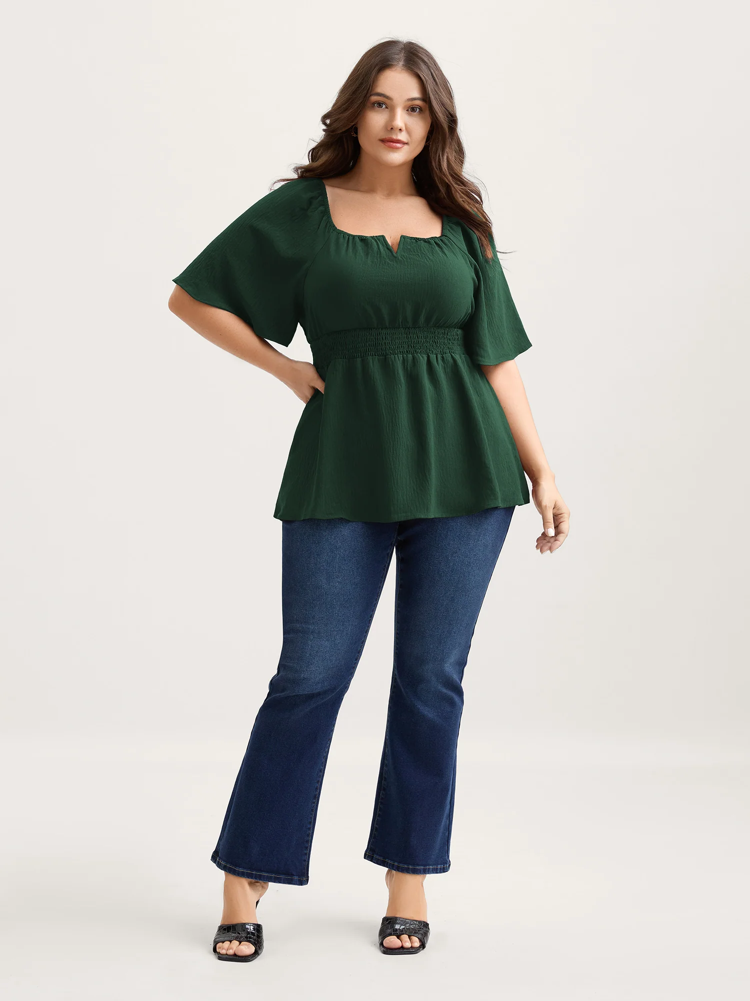 Stretchy Neckline Waist-Cinched Solid Blouse - Image 10