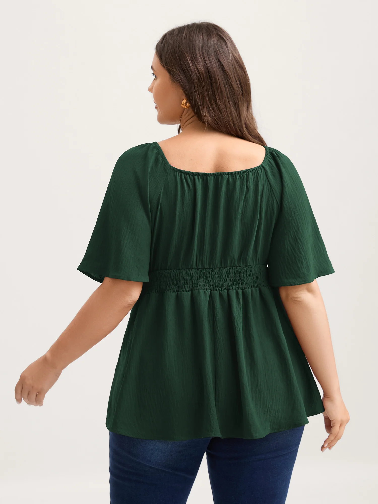 Stretchy Neckline Waist-Cinched Solid Blouse - Image 11
