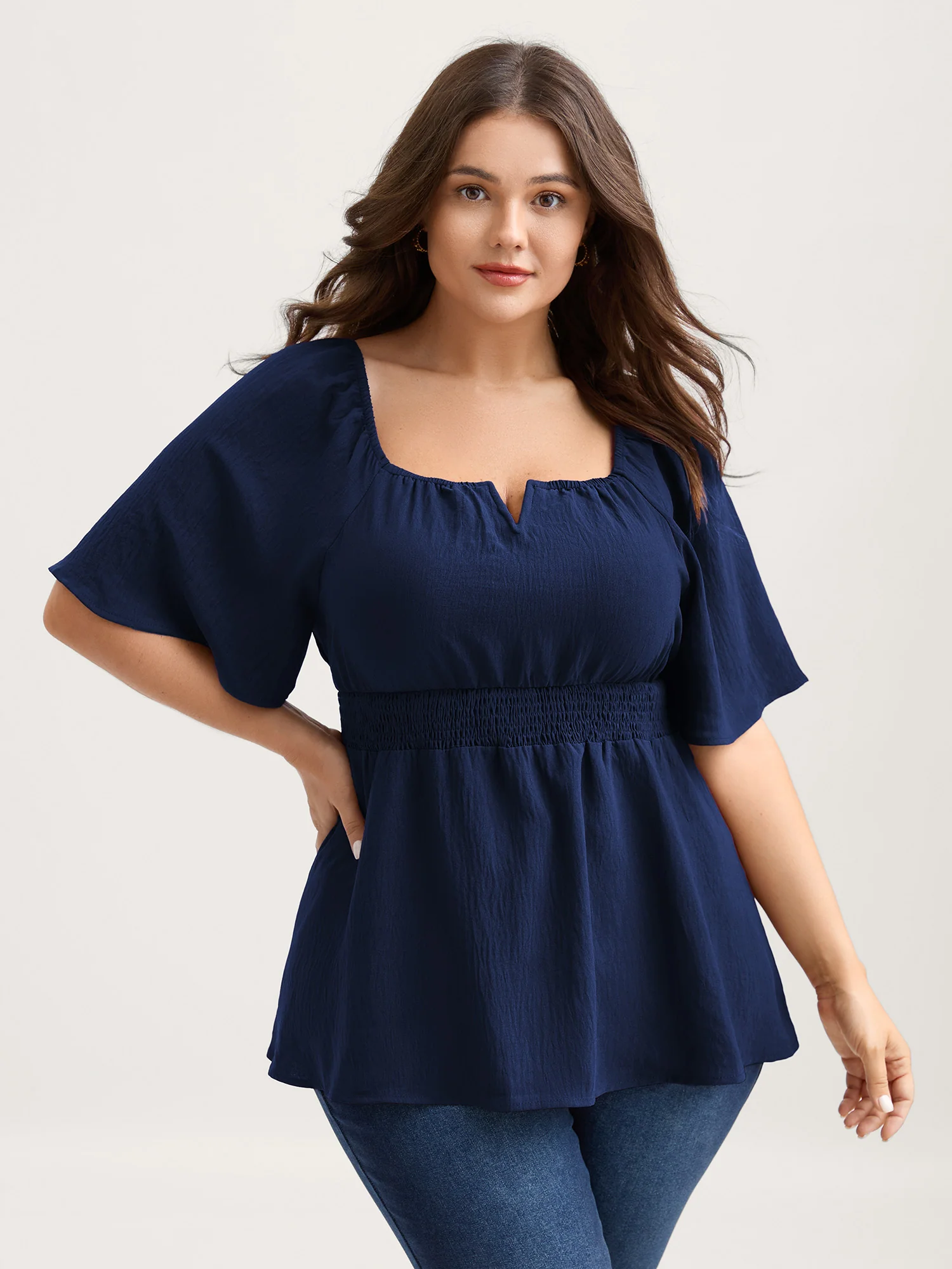 Stretchy Neckline Waist-Cinched Solid Blouse - Image 13