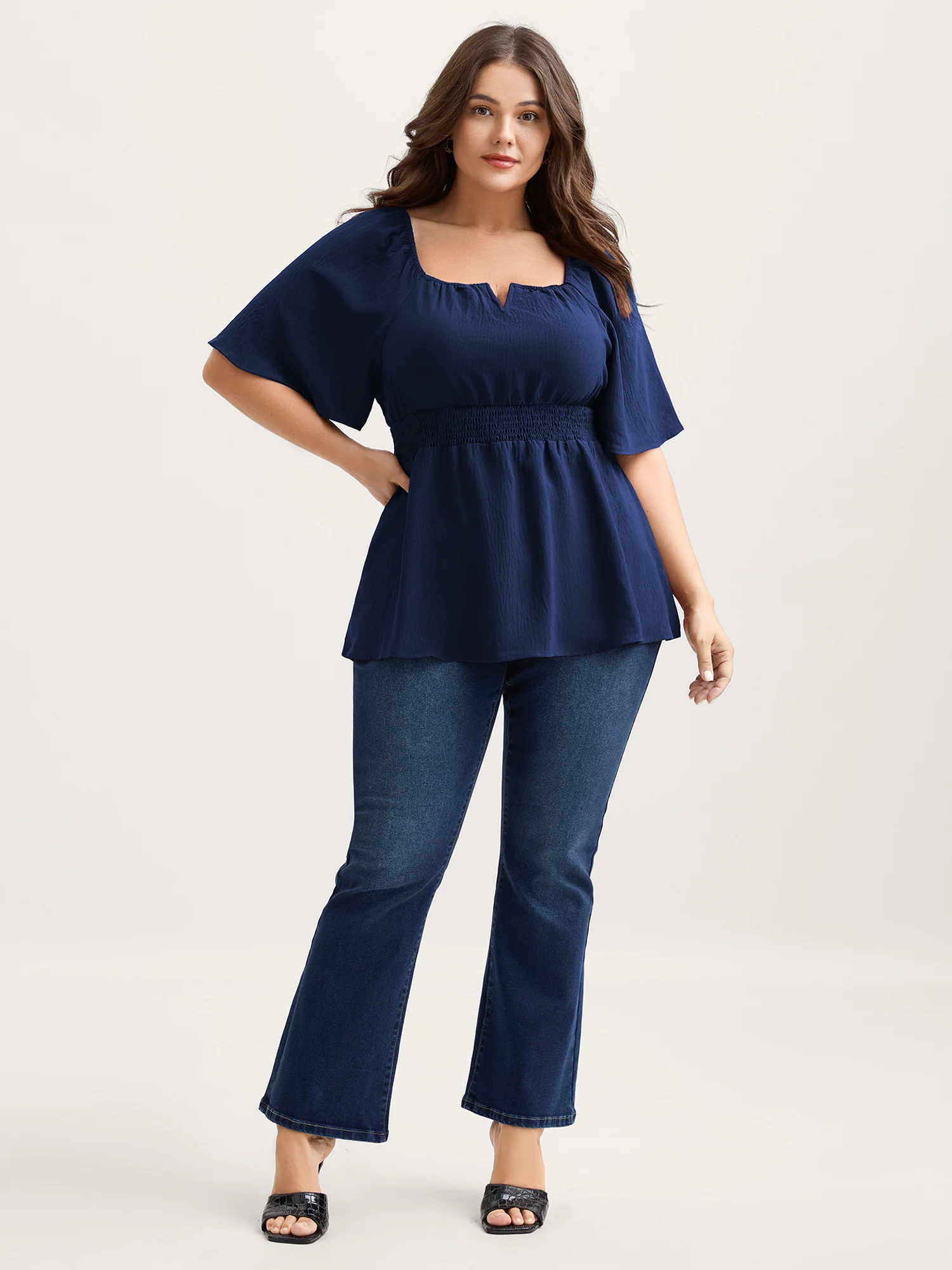 Stretchy Neckline Waist-Cinched Solid Blouse - Image 14