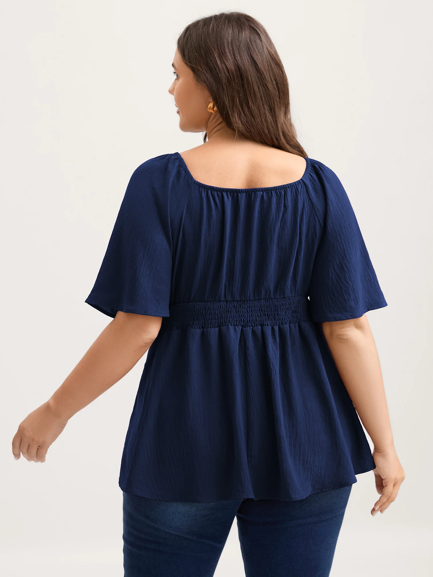 Stretchy Neckline Waist-Cinched Solid Blouse - Image 15