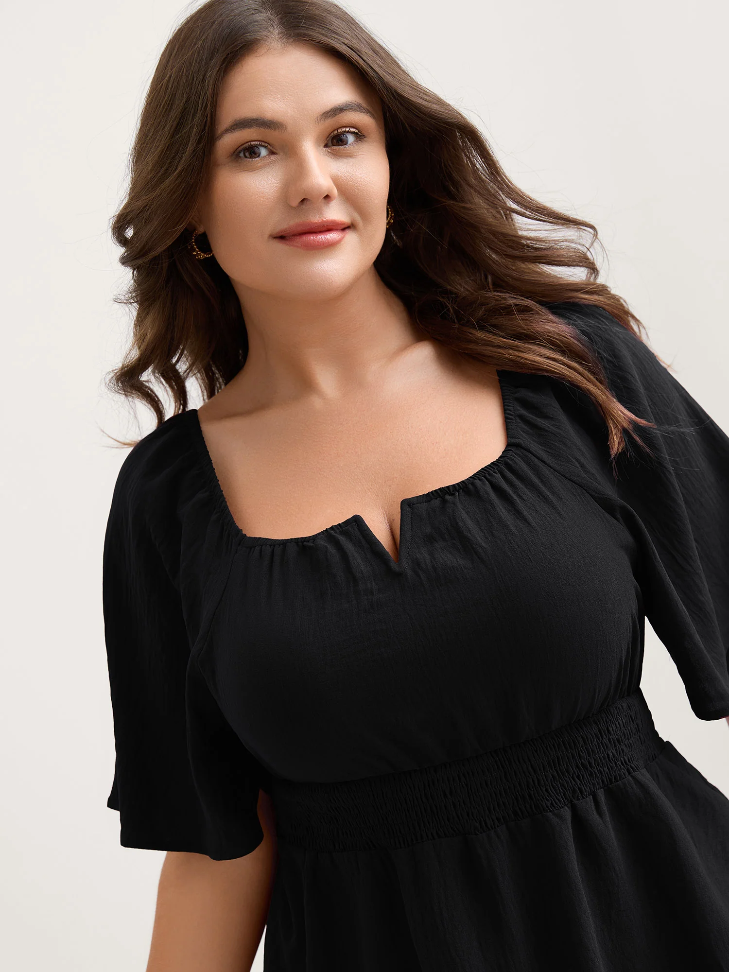 Stretchy Neckline Waist-Cinched Solid Blouse - Image 16