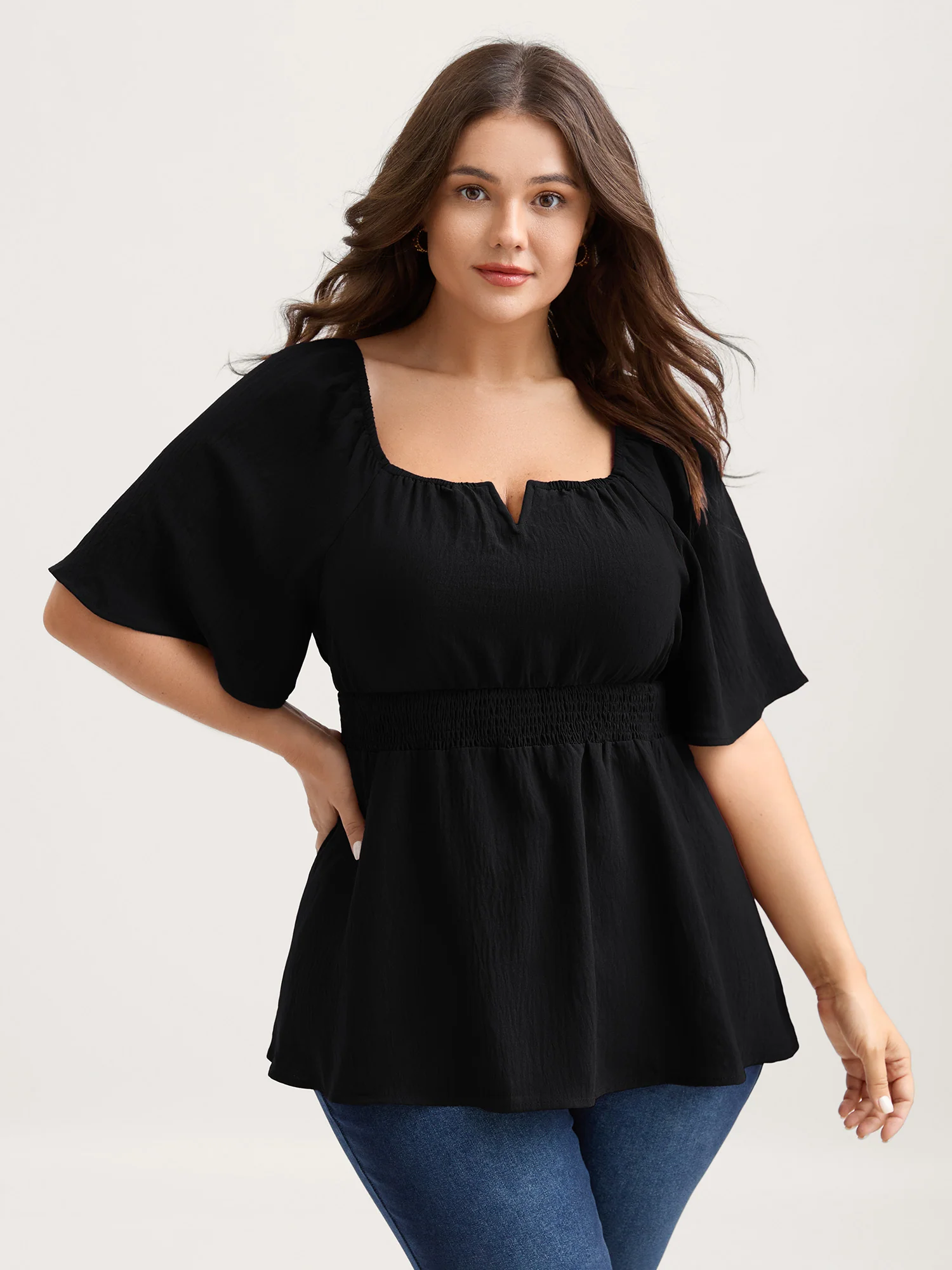 Stretchy Neckline Waist-Cinched Solid Blouse - Image 17