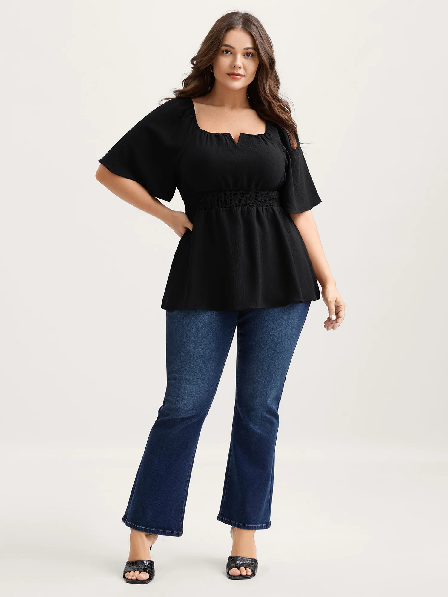 Stretchy Neckline Waist-Cinched Solid Blouse - Image 18