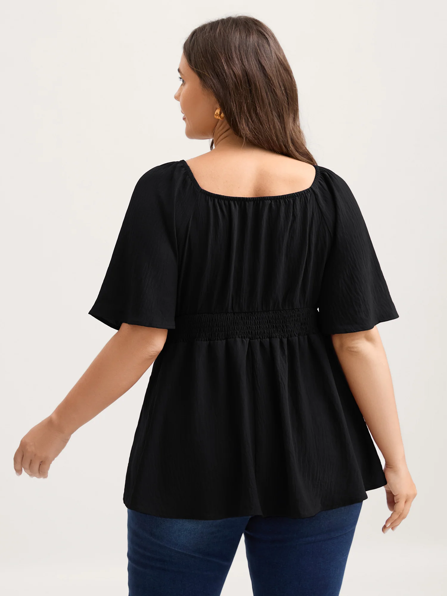 Stretchy Neckline Waist-Cinched Solid Blouse - Image 19